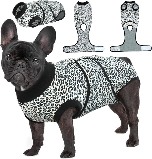 Kuoser Dog Surgical Recovery Suit, Pet Leopard Printed Recovery Shirt Dog After Surgery Vest for Abdominal Wounds Skin Disease, E-Collar & Cone Alternative, Prevent Licking Dog Onesies Blue