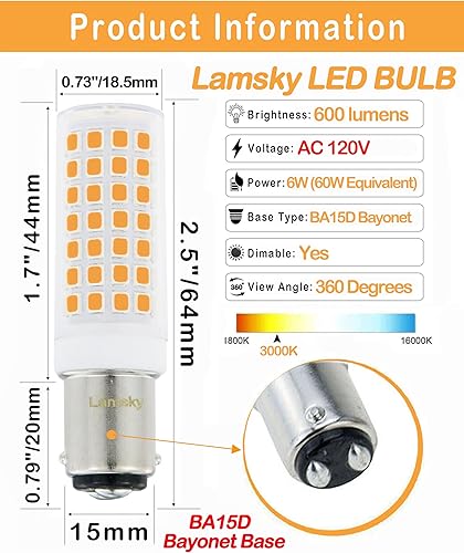 Miniatura 7 de BA15D Bombillas LED de 6 W regulables 120 V, base de bayoneta de doble contacto B15, blanco cálido suave 3000 K, 60 W tipo JD equivalente a halógeno