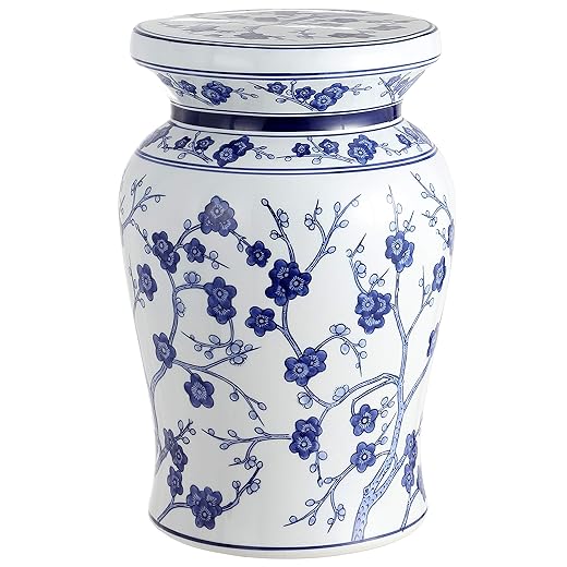 JONATHAN Y TBL1016A Cherry Blossom 17.7" Ceramic Indoor/Outdoor Garden Stool, Coastal, Contemporary, Chinese Porcelain, Side Table, Plant Stand, Spill-Proof, Living Room, Garden Room,Patio, White/Blue