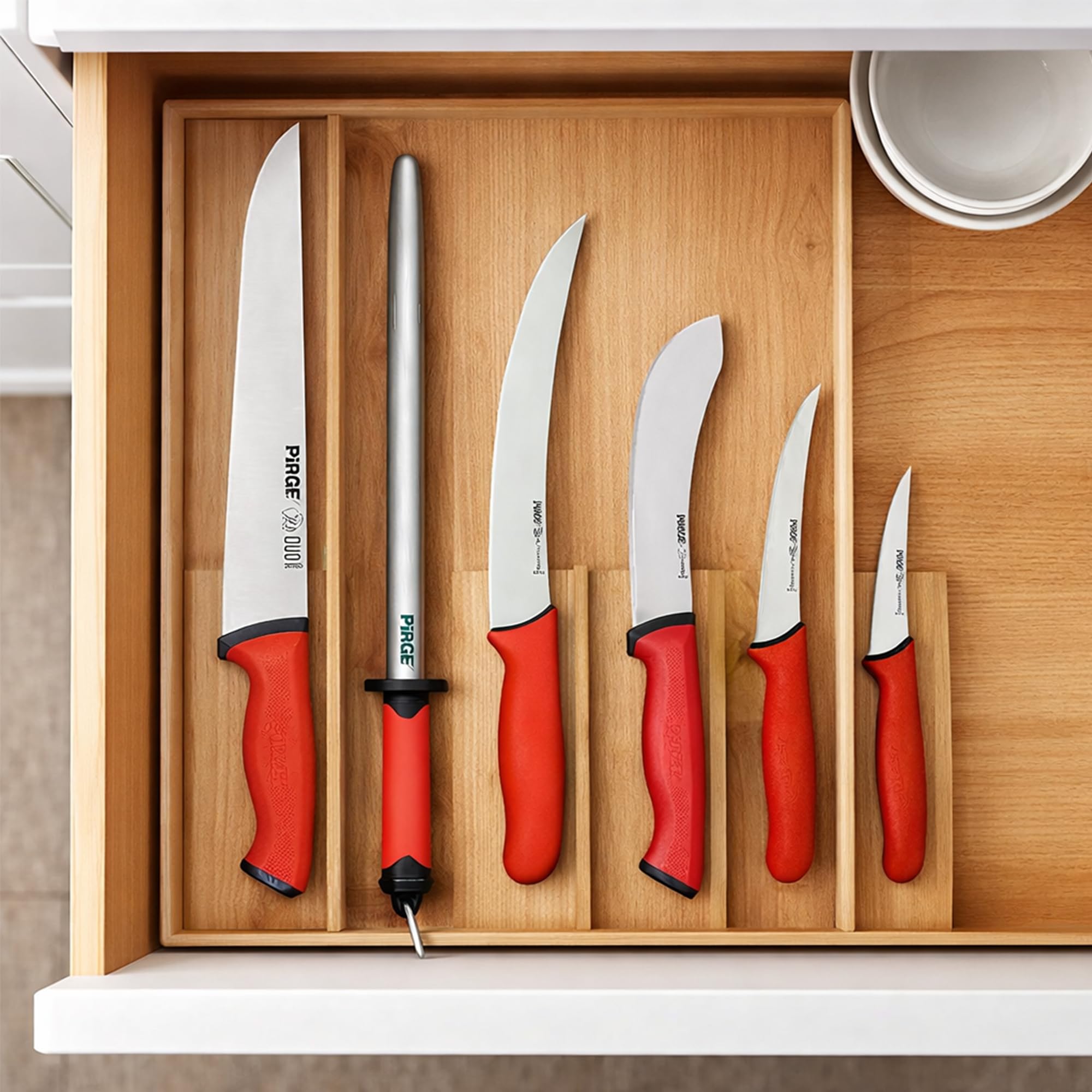 Pirge Set Coltelli da Macellaio 5 Pezzi - Macellaio 25cm, Disosso 21/13cm, Scuoiatura 15cm, Acciaino 25cm - Professionale