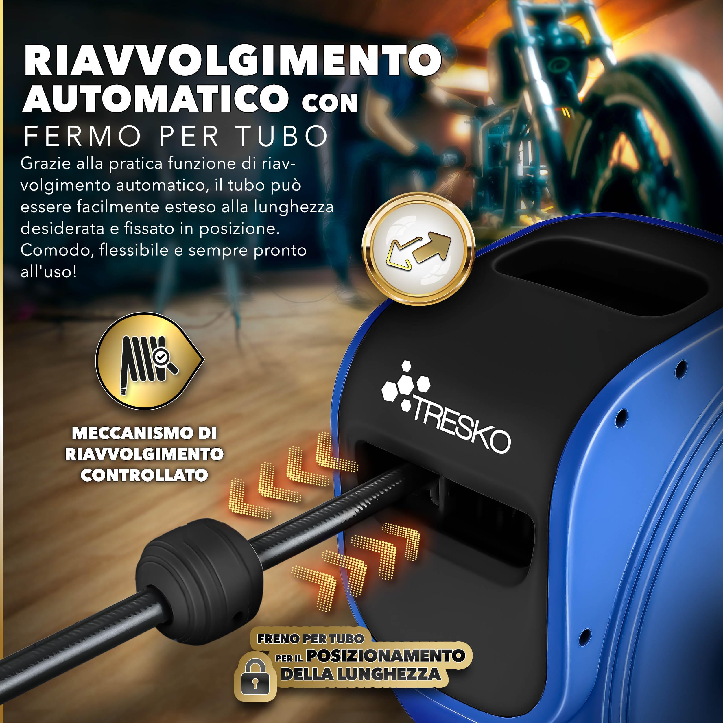 TRESKO® Avvolgitubo Aria Compressa 30 mt con Tubo | Avvolgitubo Pneumatico attacco 1/4" | Dispositivo di Arresto Automatico e Riavvolgitore Automatico, Blu