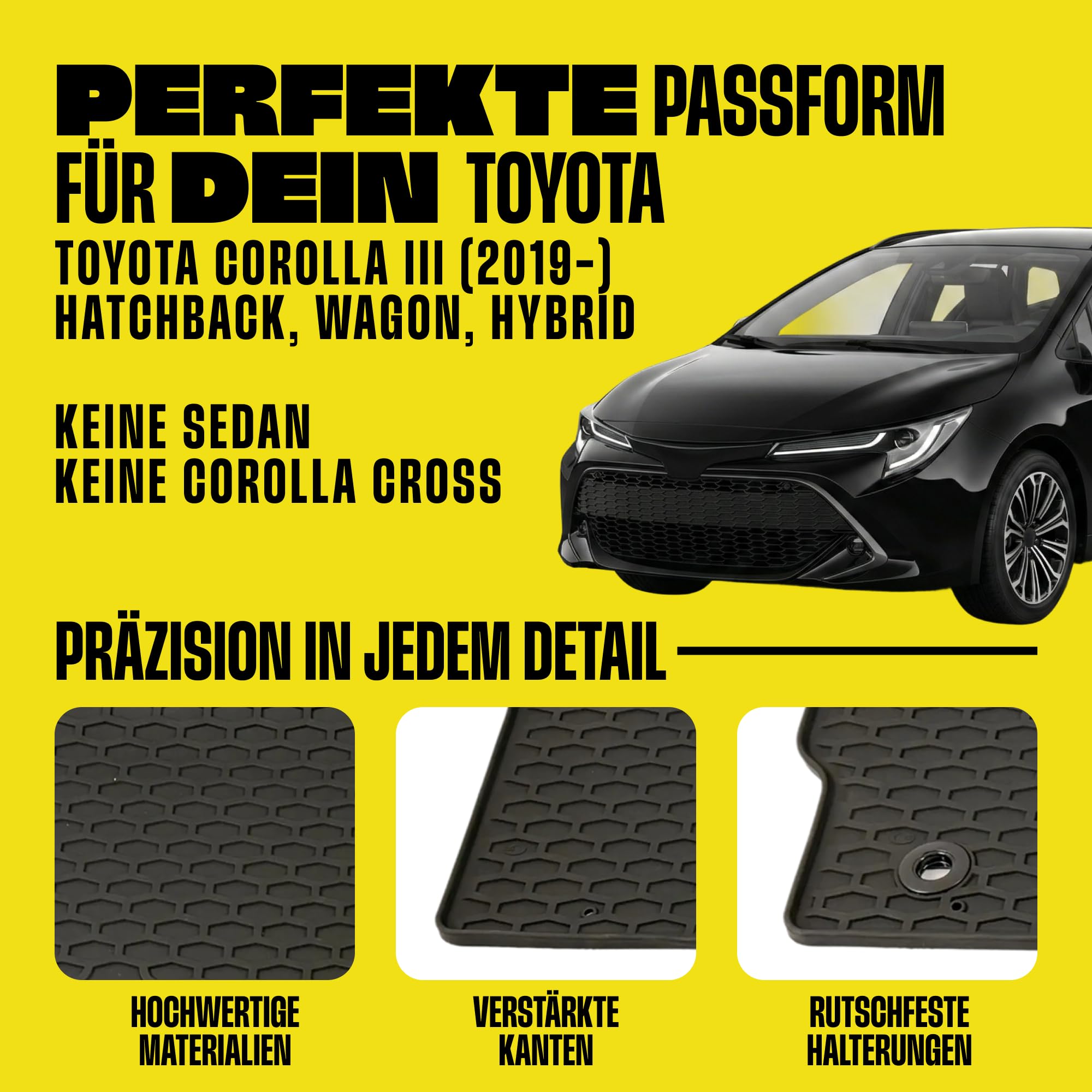 Gama Fussmatten + Mitteltunnelabdeckung Set Für TOYOTA COROLLA III (2019-) HATCHBACK & WAGON, HYBRID Zubehör — Gummimatten + Tunnelabdeckung Auto | Premium TPE Material | Allwetter | Perfekte Passform