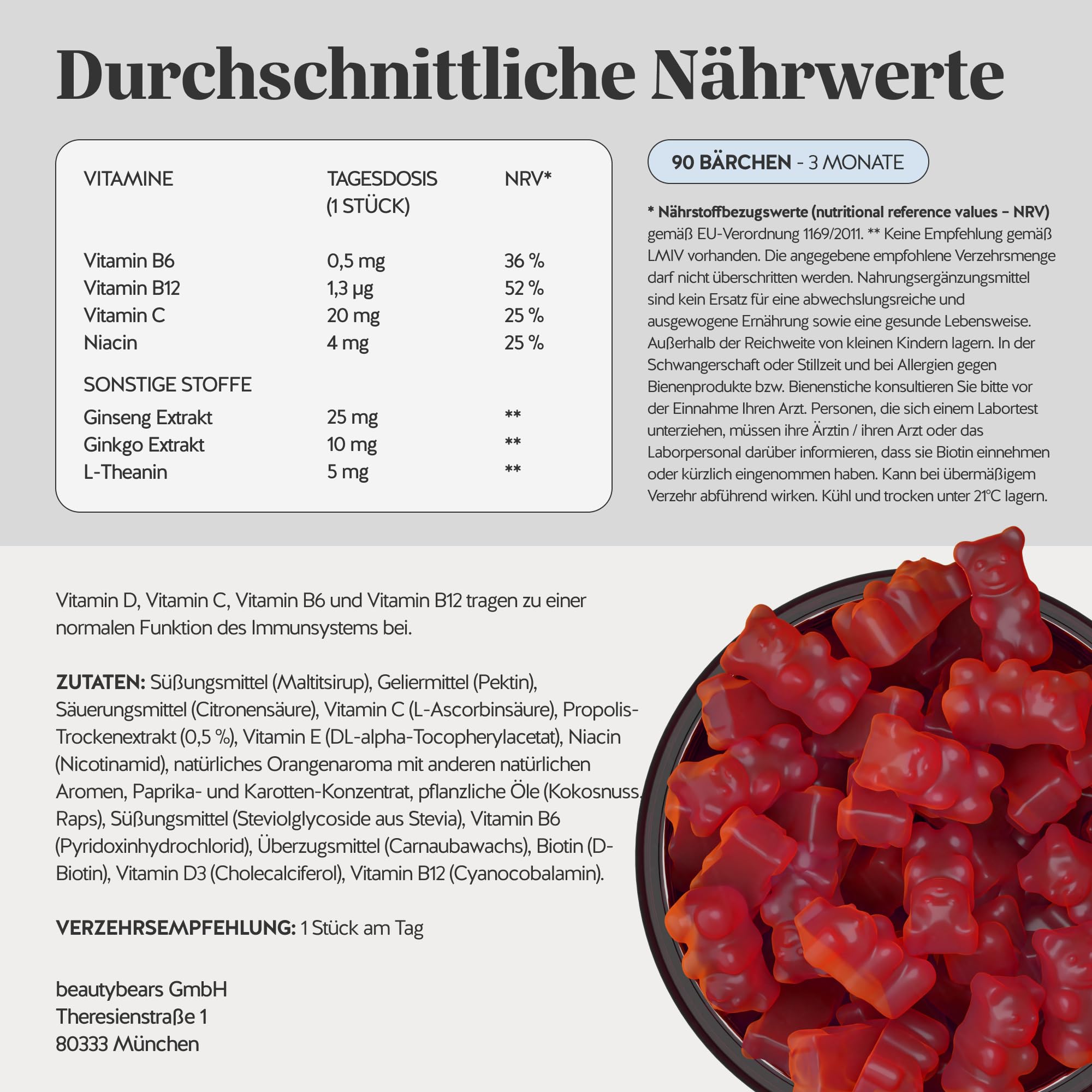 Bears with Benefits - Gummibärchen Ginseng - Konzentration - 90 Stück | Mind Fuel Brain - Ginseng, Ginkgo, L-Theanin, Vitamin B6, B12, C & Niacin - Vorrat für 3 Monate - Zuckerfrei, Vegan