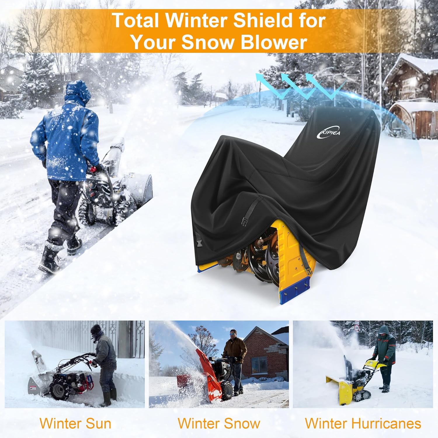 Kipiea Snow Blower Cover Waterproof Outdoor – 600D Heavy-Duty Snow Thrower Cover with Windproof Buckles and Drawstrings, Universal Fit for Most 20-28 Inch Snow Blowers