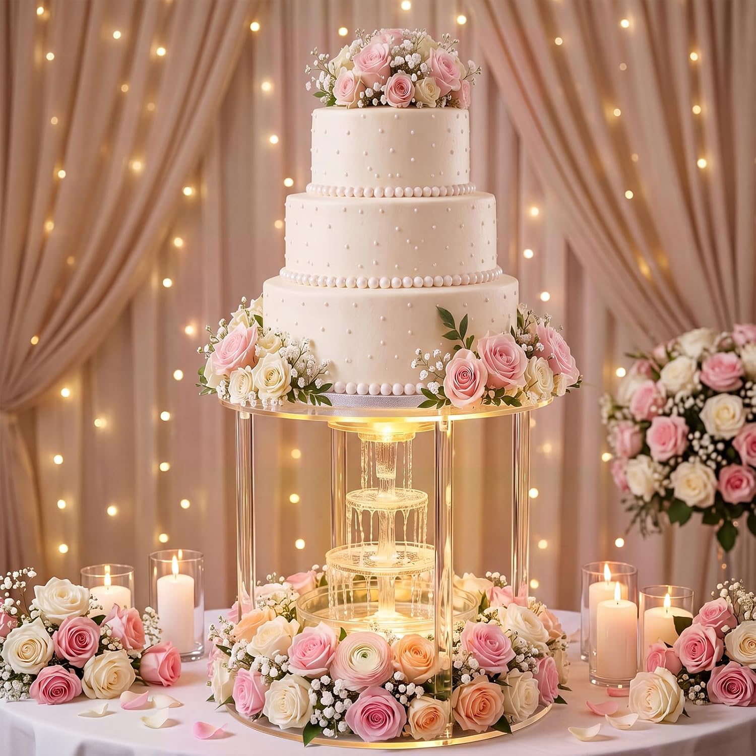 16 Inch Acrylic Fountain Separator Cake Stand, 2-tier Clear Round Plates with 4 Pcs 15 Inch Tall Removable Columns, Cake Riser Display for Wedding, Anniversary, Party Dessert Table