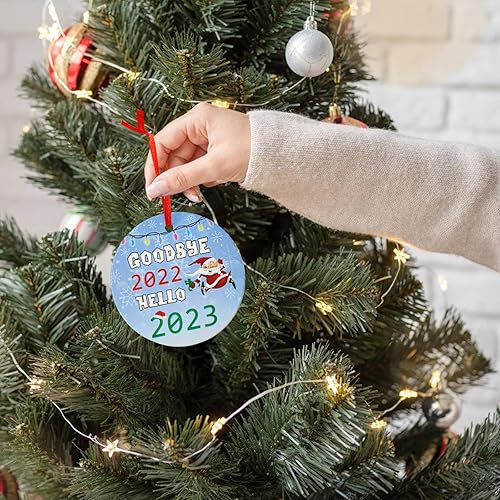 Miniatura 5 de Zspoly Adorno de Navidad de cerámica para colgar en el árbol de Navidad, adorno redondo de Navidad con cinta, bola de Navidad como regalo para