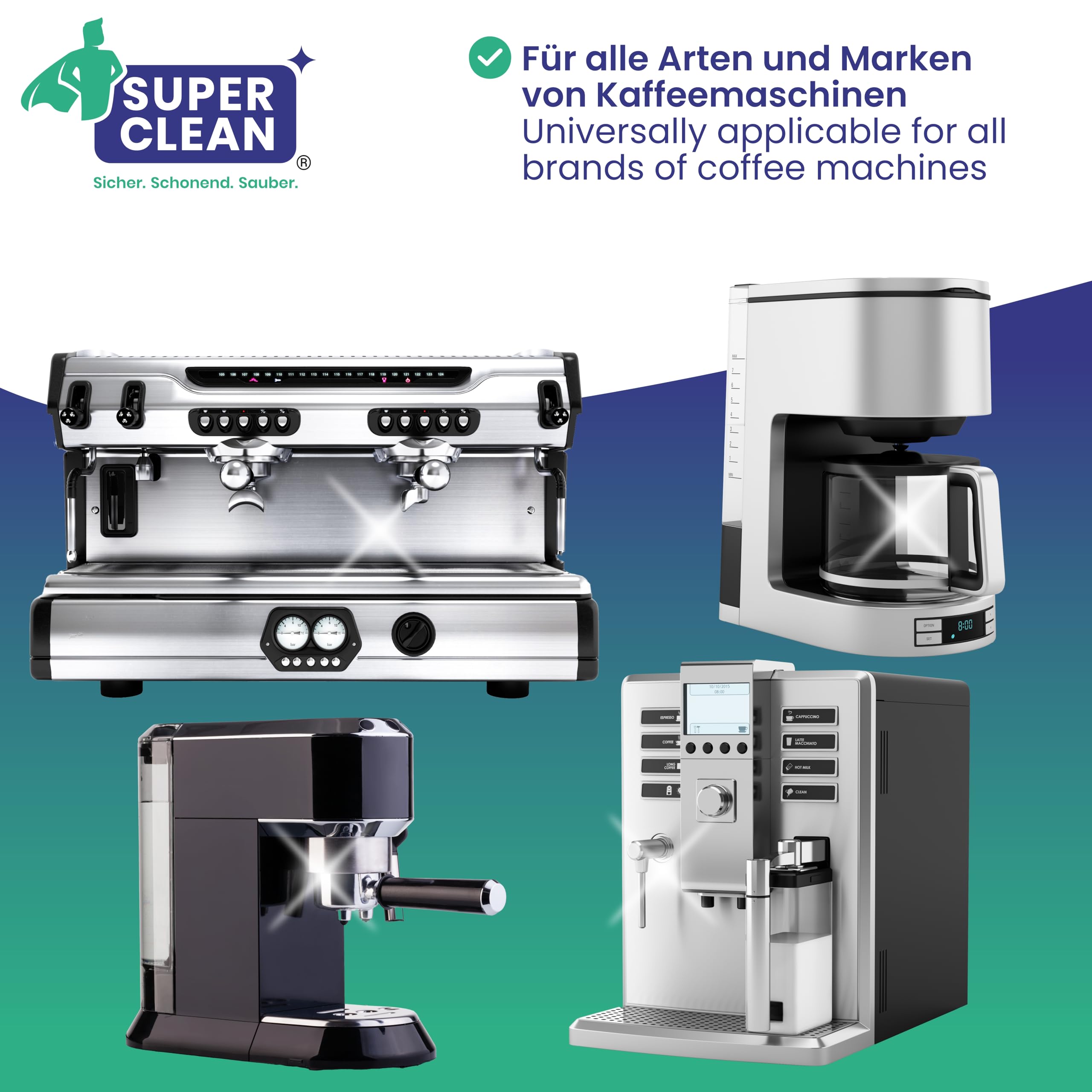 SUPER CLEAN 4 x 2L Entkalker Konzentrat Kaffeevollautomat - Flüssig - Für alle Maschinen & Marken - 80 x Entkalkung - Effektiver Flüssigentkalker von Kaffeemaschinen, Wasserkocher & Duschen
