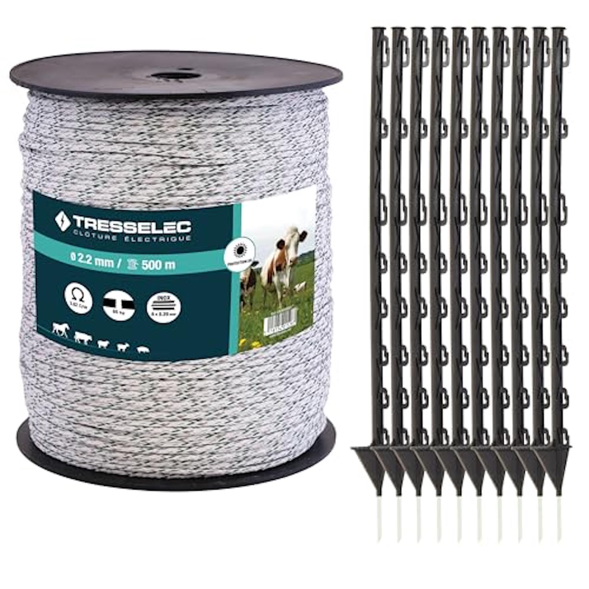 Kit completo per recinzione elettrica – Cavo da 2,2 mm 500 m + 10 picchetti in plastica da 87 cm – Per cavalli, bovini, pecore, capre – Alta resistenza