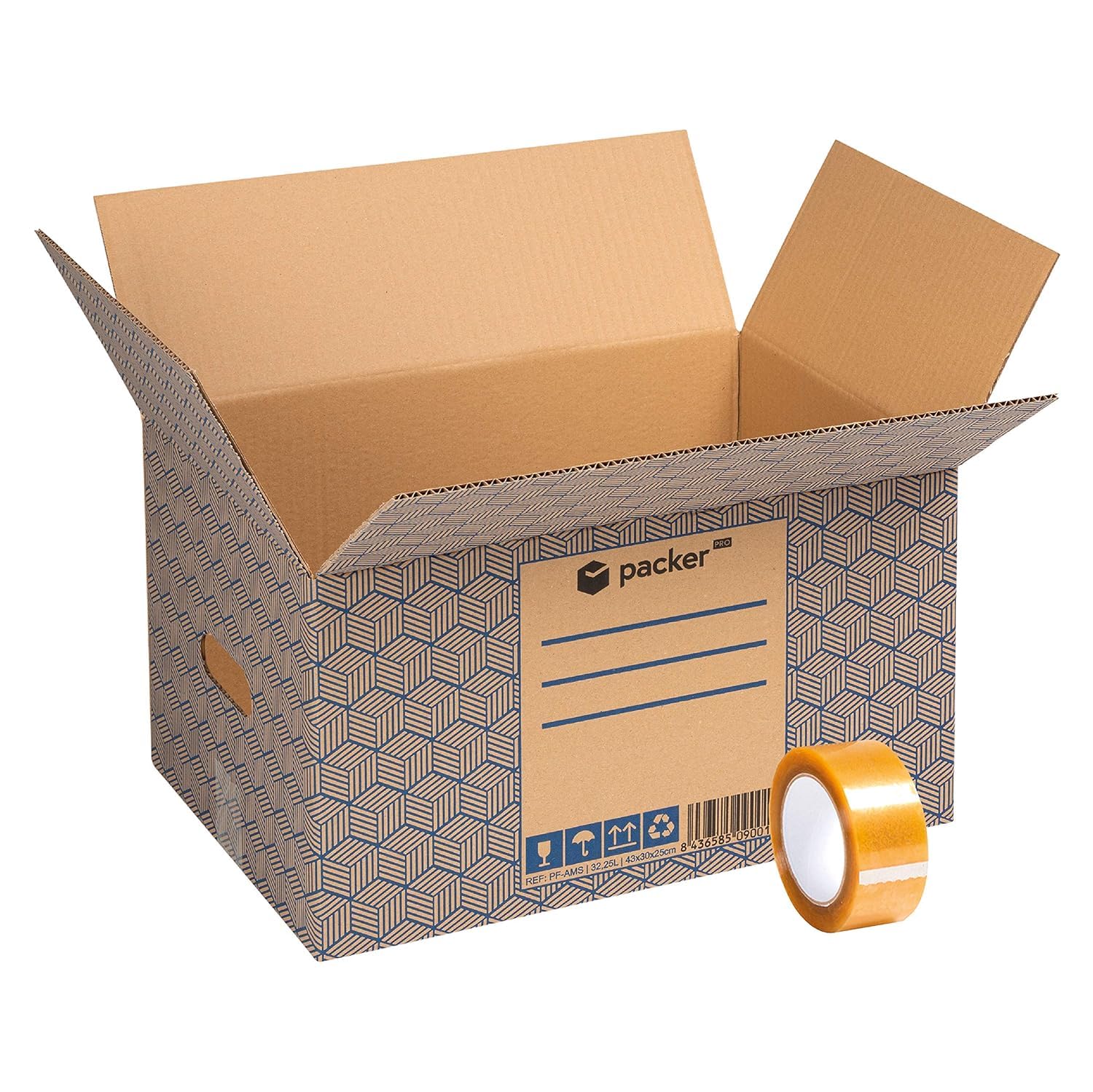 packer Pro Packung mit 20 Kartons für Umzüge und Aufbewahrung, sehr robust, mit Griffen und Klebeband, 430 x 300 x 250 mm