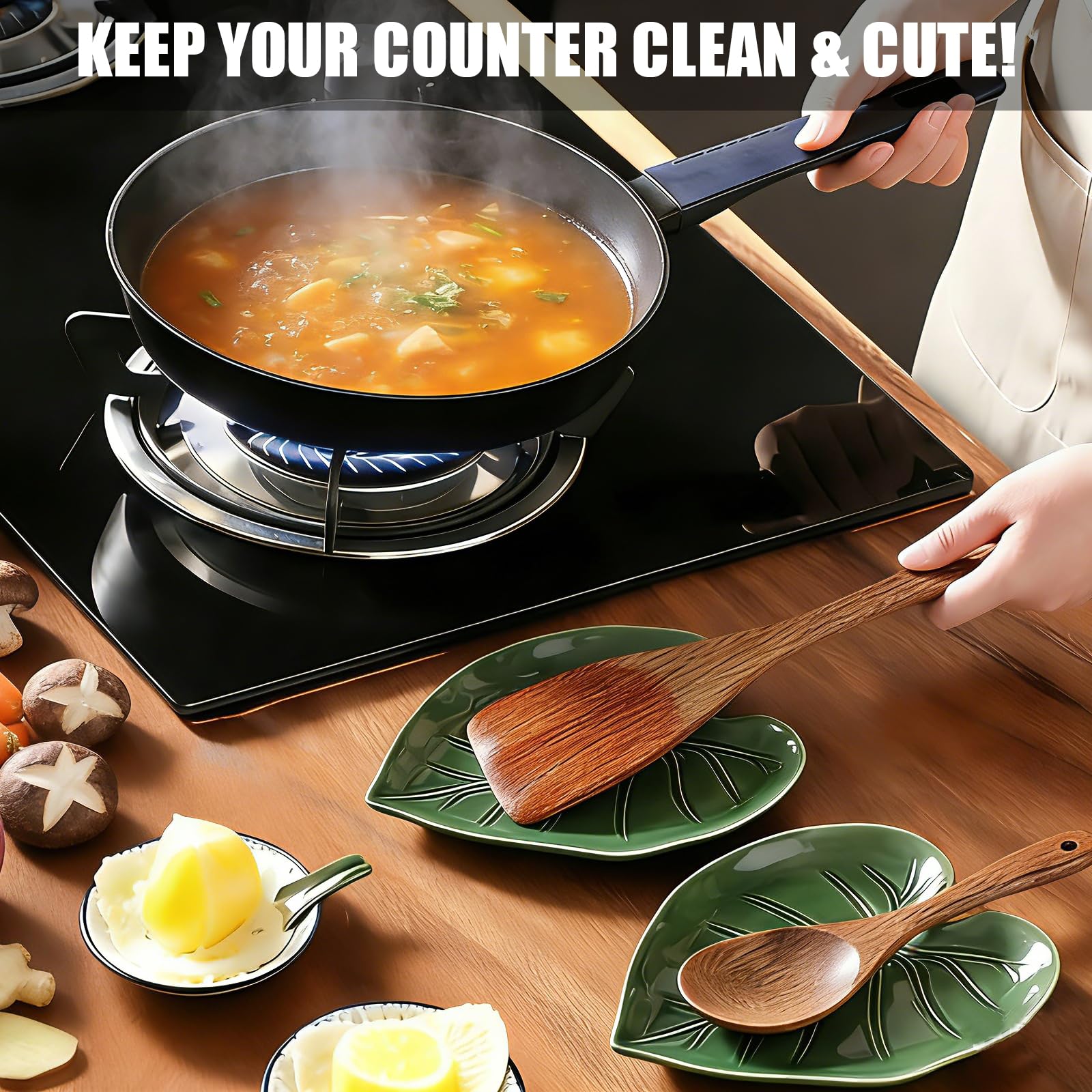 Cute Leaf Ceramic Spoon Rest, Keeps Counters Clean, for Stove Top and Kitchen Counter, Decorative Green Spoon Holder, Kitchen Decor Gift