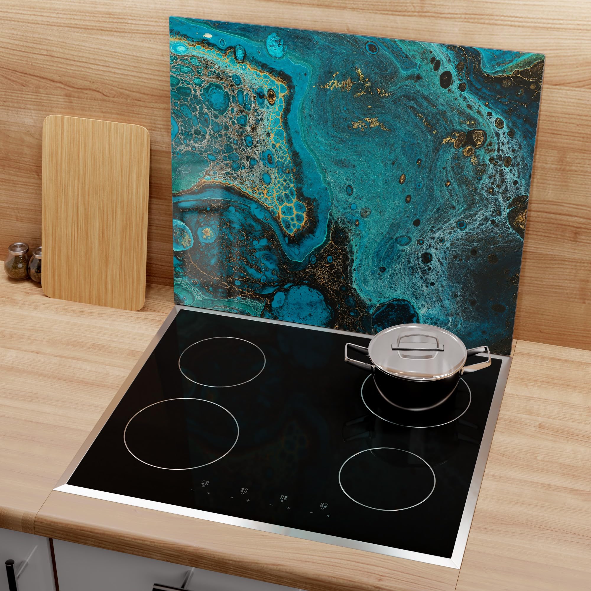 DEQORI Szklana płyta ochronna na kuchenkę, jednoczęściowa 60 x 52 cm, motyw "wzór oceaniczny", płyta ceramiczna, uniwersalna pokrywa na kuchenkę, szklana płyta i deska do krojenia na płyty grzewcze
