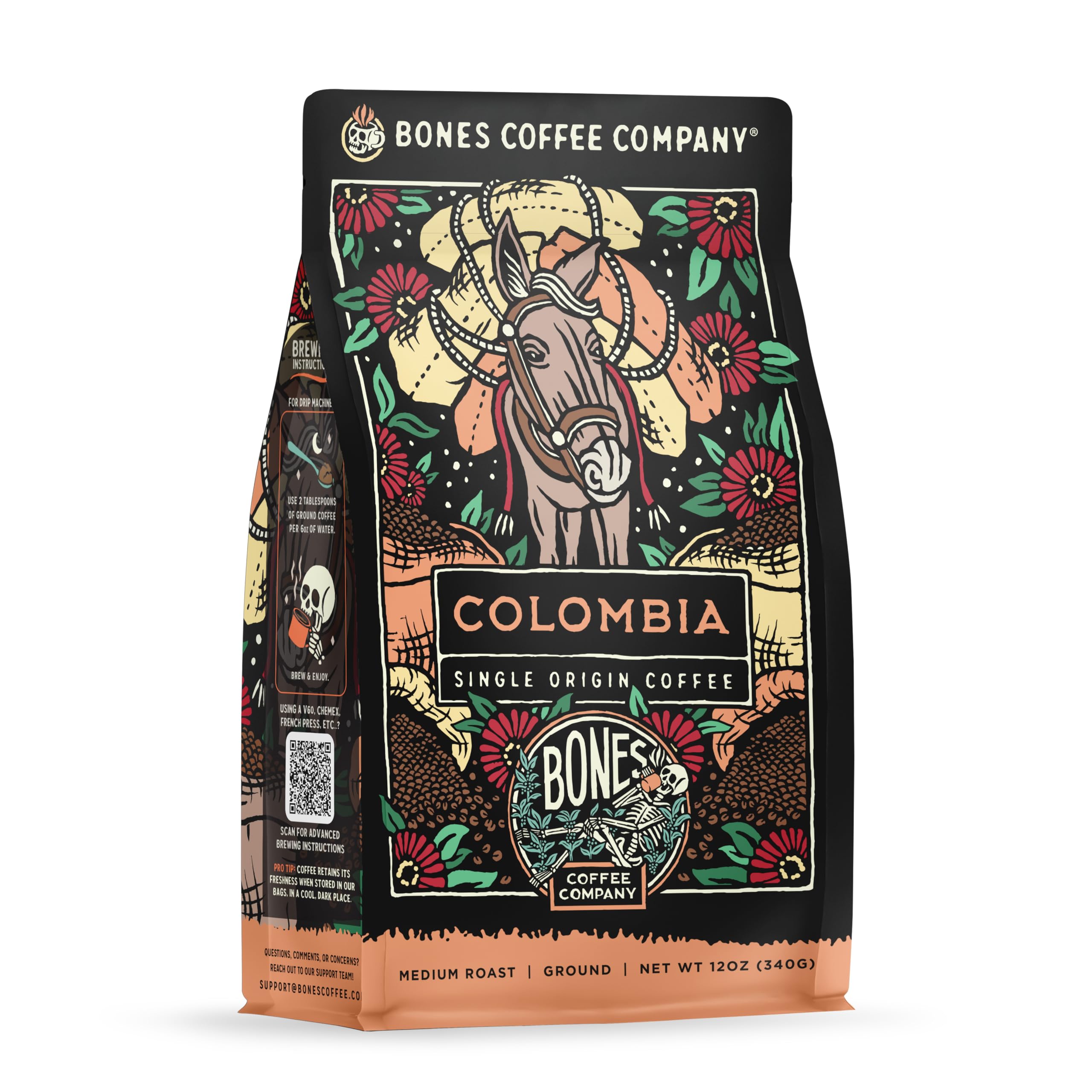 Bones Coffee Company Colombia Single-Origin Coffee, Almonds, Dried Fruit, Vanilla Notes, Flavored Ground Coffee, Medium Roast Low Acid Arabica Beans for Coffee Maker, 12 oz Ground