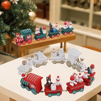Happy Trees 3 Pack Christmas Decorations Indoor - Wooden Train Set Xmas Table Decor & Christmas Knick Knacks with Snowman Ornaments for Shelf & Office Holiday Decor