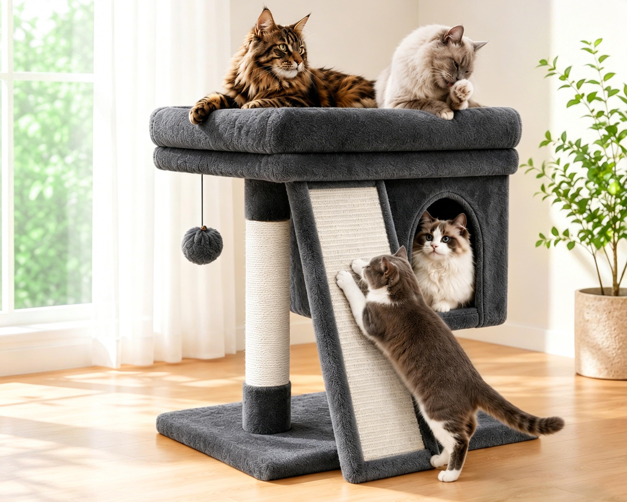 LEEJARD kratzbaum klein, Katzenbaum mit Große Plattformen, Sisalstämme, Kratzrampe, Katzenhaus, Plüschbälle und Katzenbürste für große Katzen