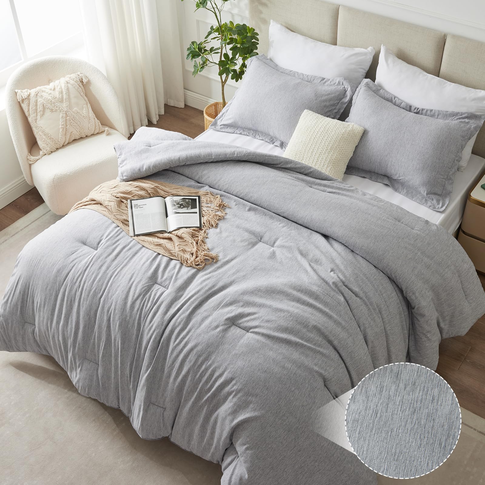 CozyLux Full Size Comforter Set, 3 Pieces Heathered Light Grey Luxury Full Bedding Sets, Gray Breathable Lightweight Down Alternative Comforter with 2 Pillow Shams, All Seasons Bed Set Gift for Home-image-35