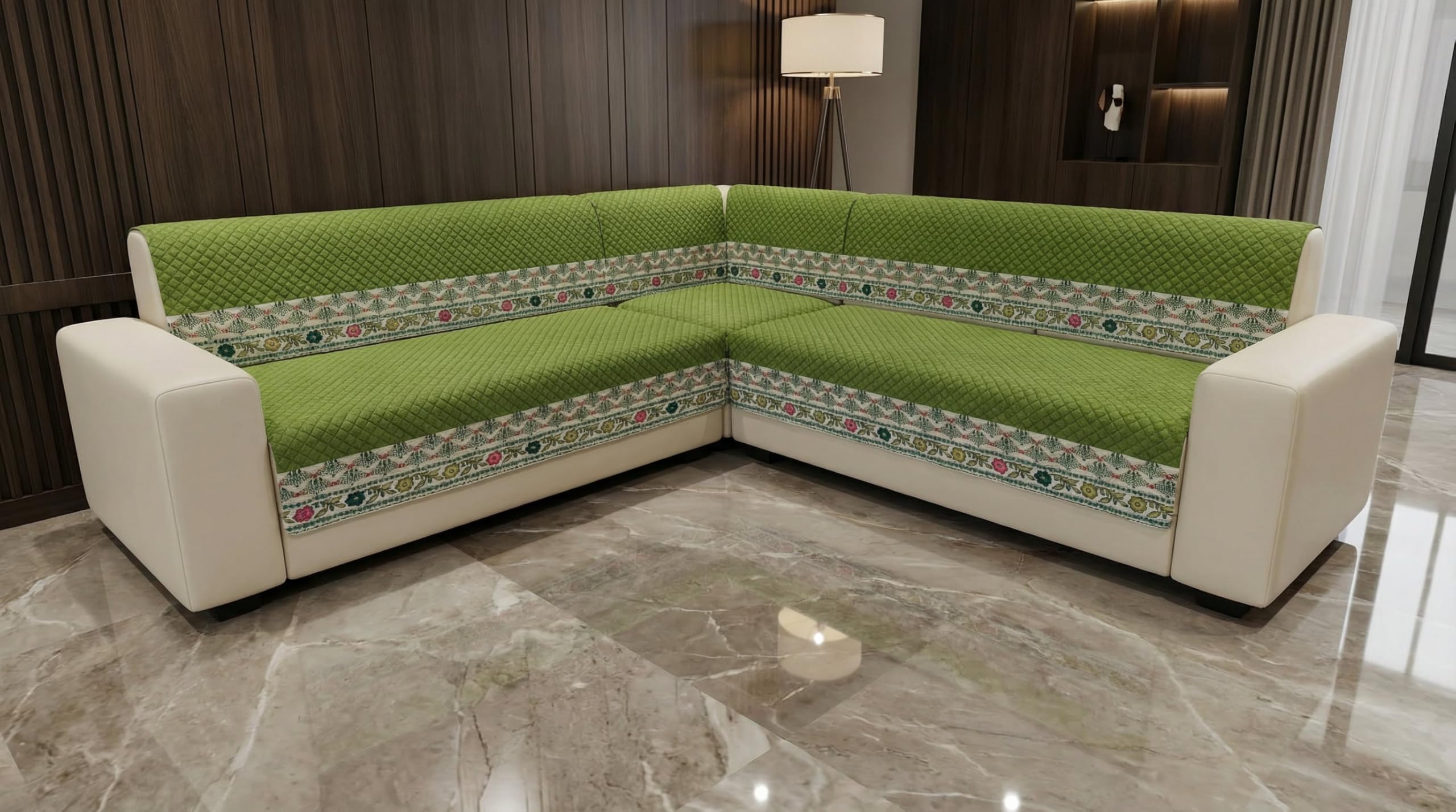 L Shape Sofa Cover 7 Seater Full Coverage - Olive Green Diamond 4+3 Seater (7 Seater) Quilted Sofa Cover Set Pack of 5, Washable, Olive Green-image-30