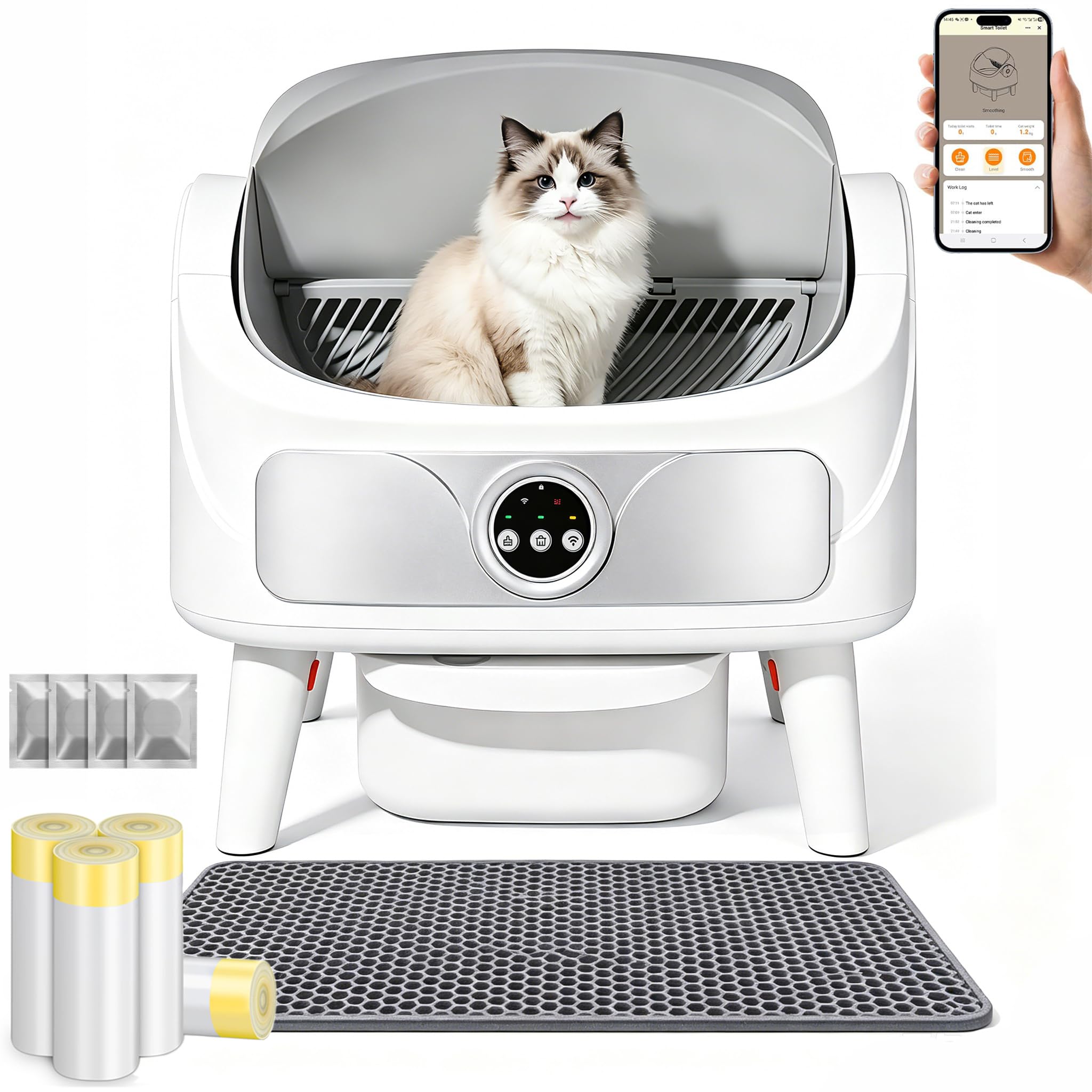 Arenero Gatos Autolimpiable, Capacidad Grande, Seguro, XXL, Higiénico | Arenero Autolimpiable, Anti-Fugas, Eliminar olores, APP, 65L, para Varios Gato, Limpieza Rápida, ABS, Duradero, Ligero