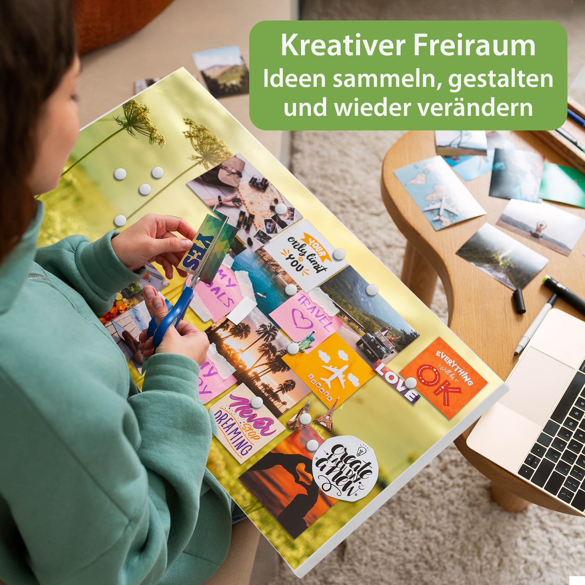 banjado Magnettafel Metall 78 x 37cm - beschreibbare Magnettafel - Metall Pinnwand als Memoboard - Magnetwand Küche, Büro, Kinderzimmer Weiß inkl. 4 Magnete & Montageset - Motiv Dill im Sonnenlicht