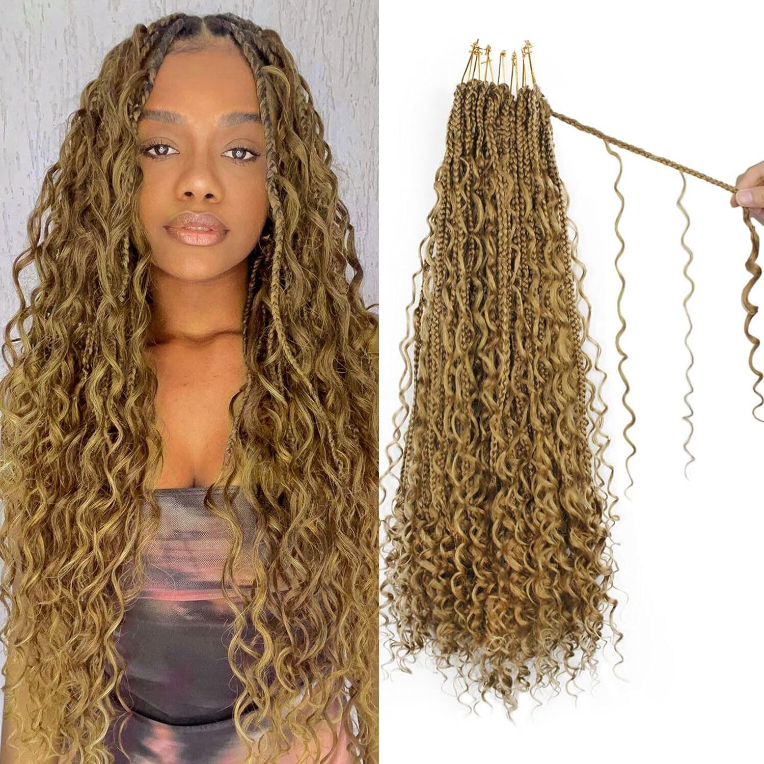 Boho Crochet Braids Pure Protein Fiber Close to Human Hair 24 Inch Goddess Box Braids with Soft Curls Bohemian Braids Crochet Hair for Black Women (