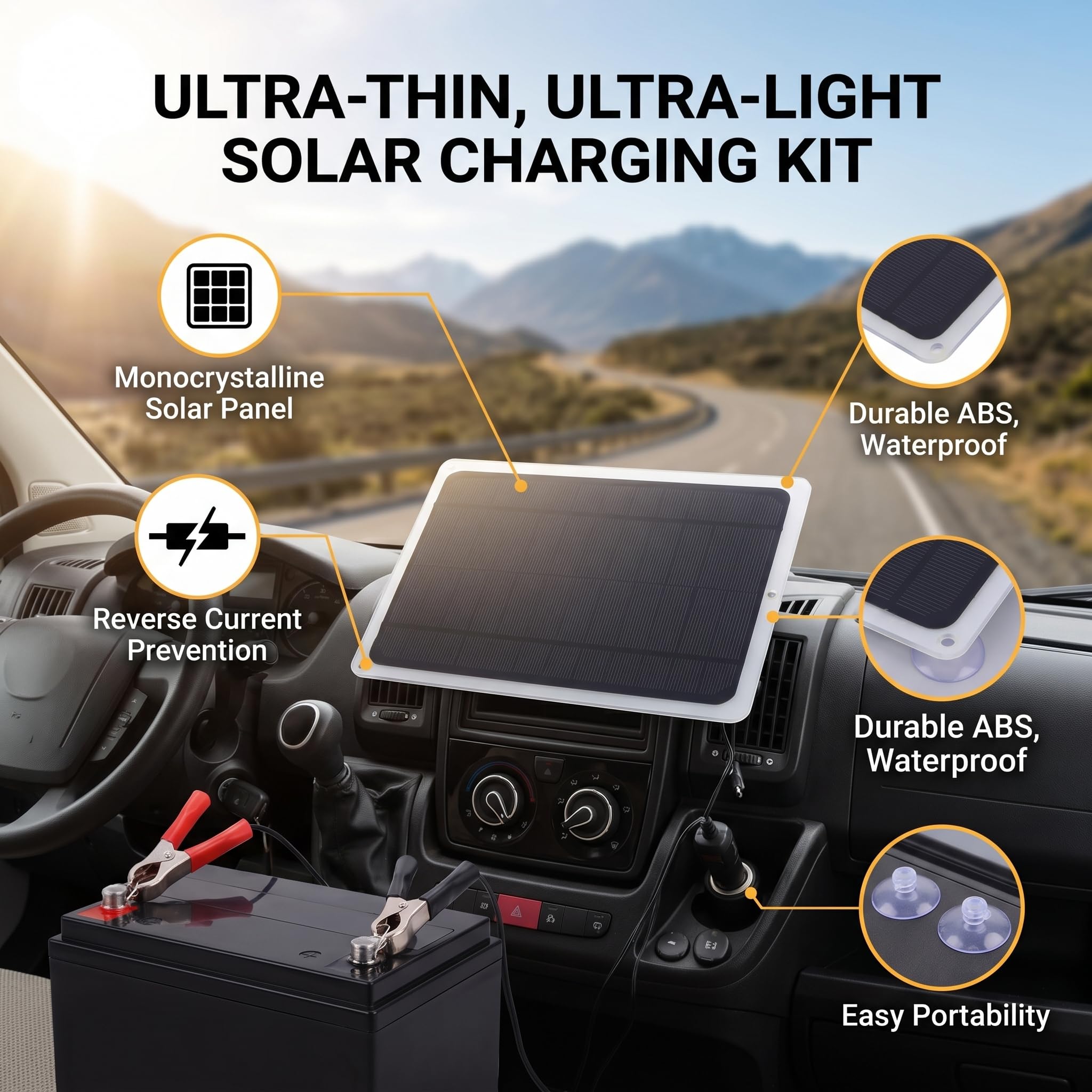 Ausla Panneau Solaire Portable, 6W 12V, Silicium Monocristallin, Sortie USB, Protection IP65 Étanche, pour Voiture et Camping-car
