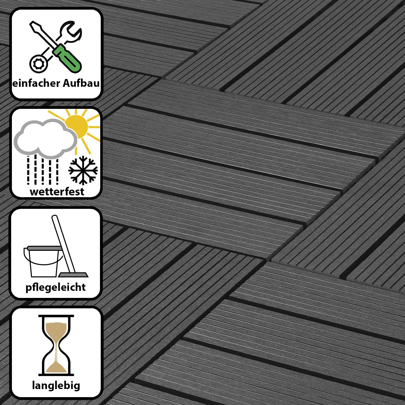 Montafox WPC Fliesen 30 x 30 cm 22 Stück / 2m² Grau Terrassenfliesen Klicksystem Fliese Holzoptik Bodenbelag Klickfliesen Terrasse Balkon, Größe (Fläche):2 m² | 22 Fliesen, Farbe:Grau