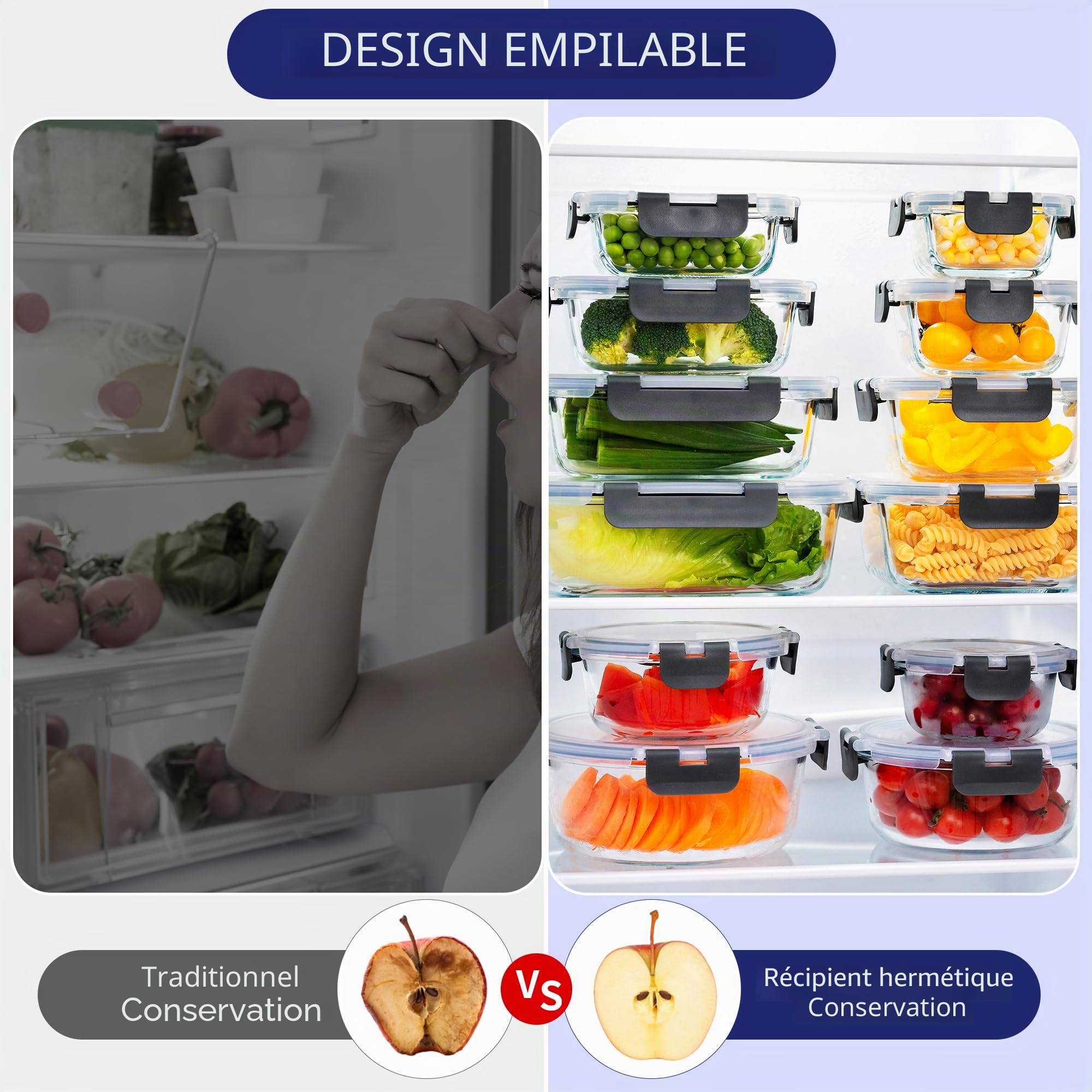 MFY Lot de 5 boîtes de conservation en verre de 36 oz avec couvercle – Lot de 2 compartiments pour la préparation des repas en verre hermétique pour micro-ondes, four, congélateur, gris