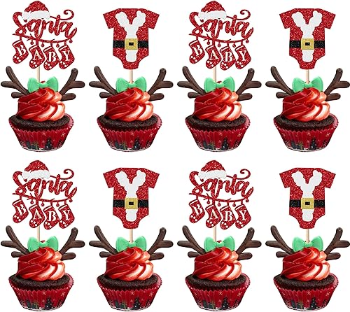 Vista 79 de Rsstarxi Paquete de 30 adornos navideños para cupcakes de hombre de jengibre con purpurina para baby shower, decoración para temática de Feliz