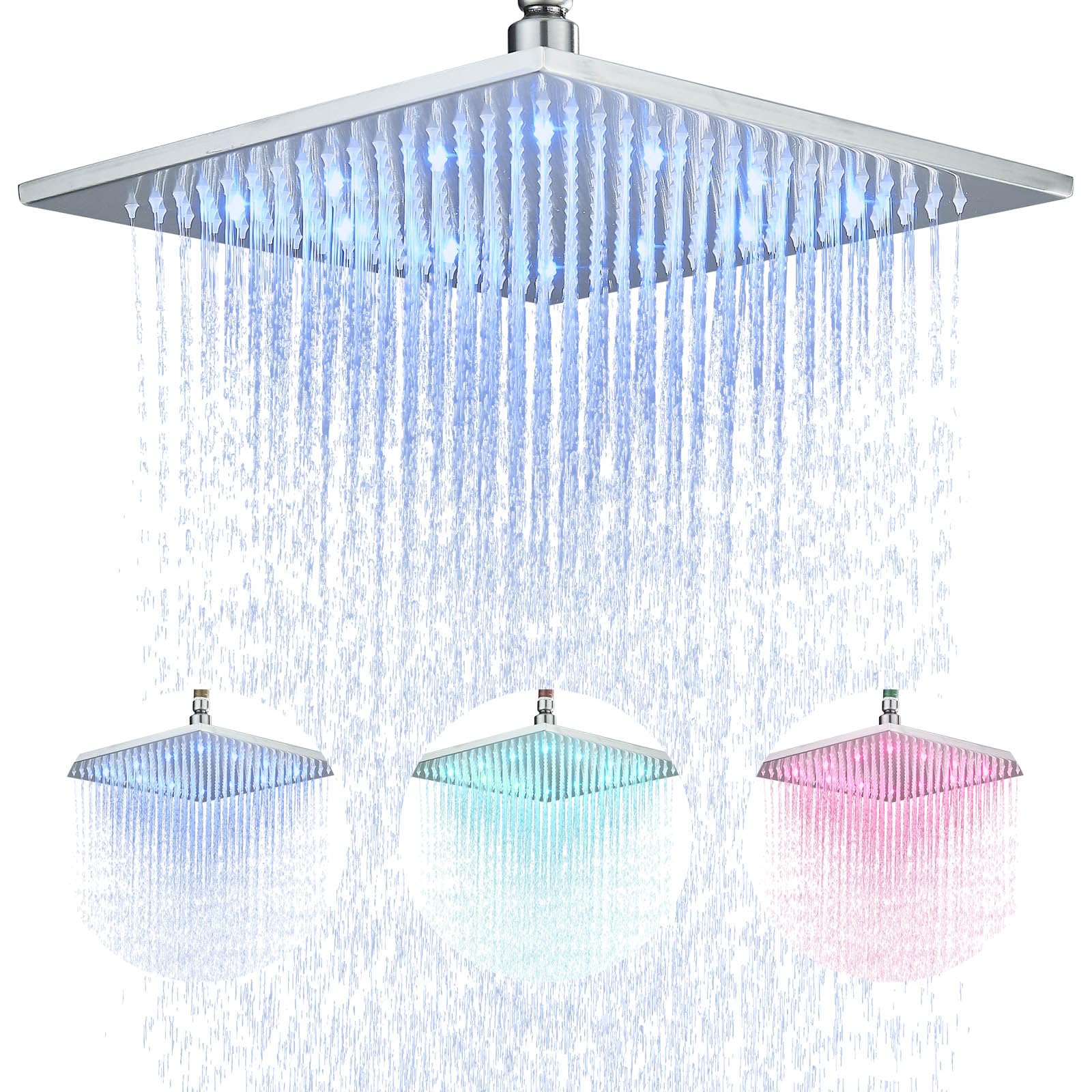 NeierThodore Cabezal de ducha cuadrado LED de 12 pulgadas, cabezal de ducha de níquel cepillado con parte superior rociador montado en la pared/techo