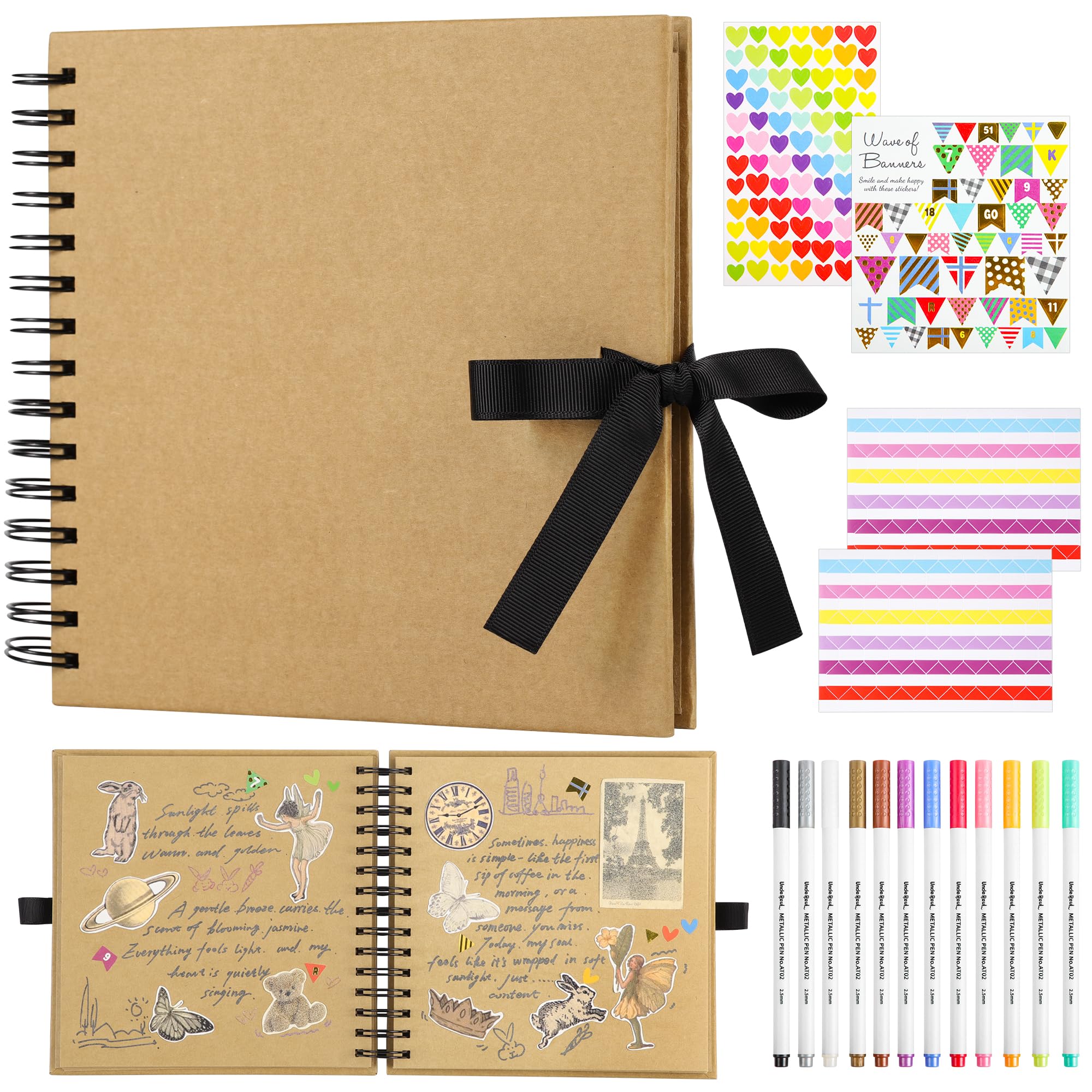 80 Pages Scrapbook Photo Album - 20.5x20.5cm Square 250GSM Kraft Brown Paper, 15 Rings DIY Memory Book for Wedding/Birthday/Christmas DS01SWH40