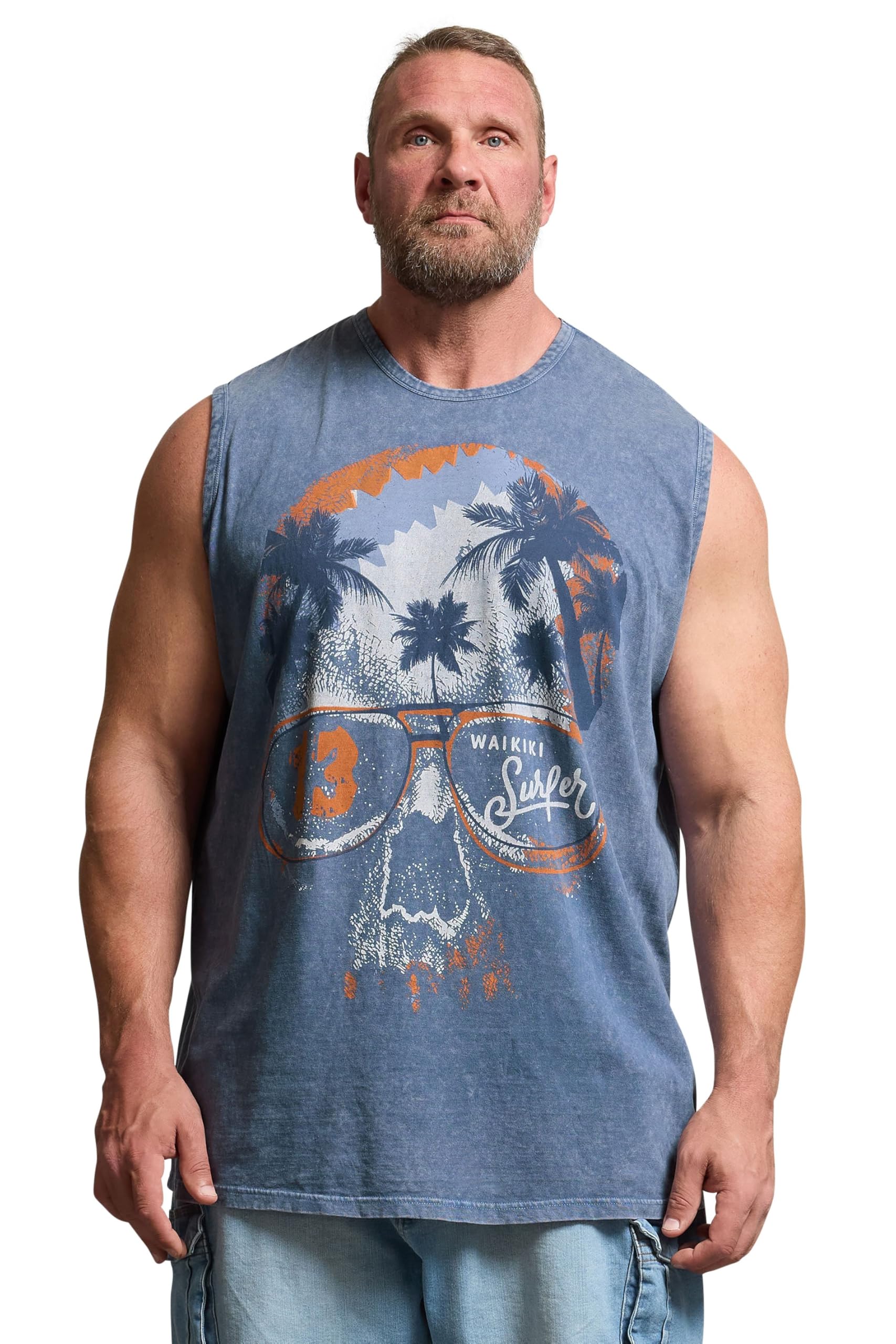 Badrhino Men's Blue - Skull Acid Wash Vest - Plus Size Curve