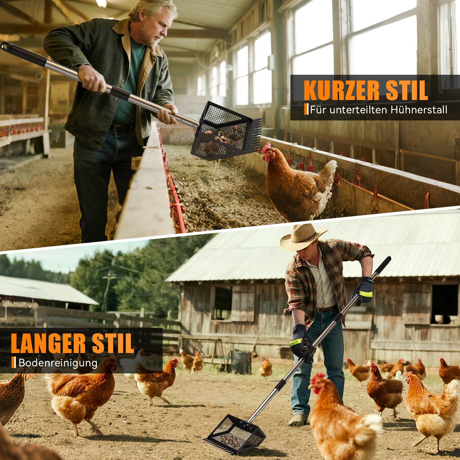 25.5cm Hühnerkotschaufel mit Ergonomischem Griff, Hühner Zubehör Siebschaufel Metall, 4-In-1 Verstellbare 89-190cm Chicken Poop Scooper Zum Reinigen von Hühnerställen Ziegenställen Ställen