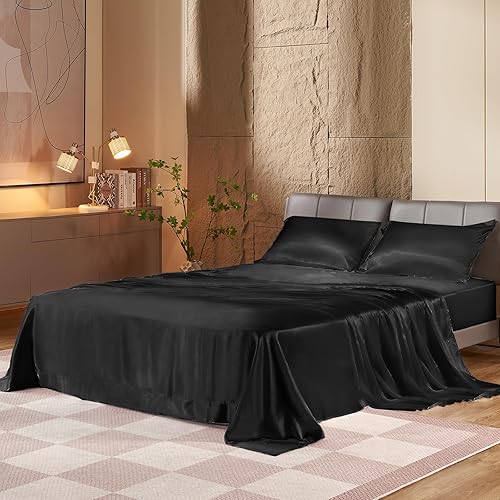 HENGWEI - Juego de sábanas de satén tamaño Queen, juego de sábanas de 4 piezas transpirable y refrescante, juego de sábanas de seda tamaño Queen con