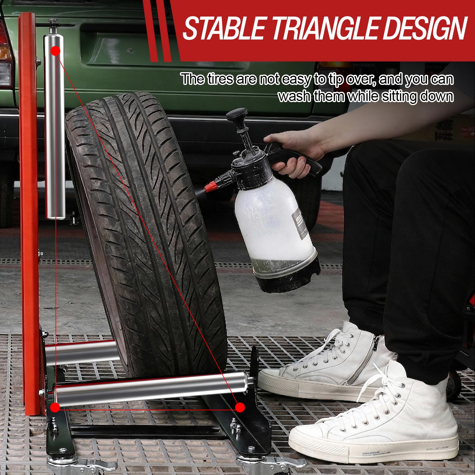 Felgenständer mit Laufrollen, 4 Universalrollen & 3-Rollen-Design & Höhenverstellung Reifenständer aus Stahl - Detailing Wheel Cleaning Ständer für Reinigung Polieren und Wartung von Rädern