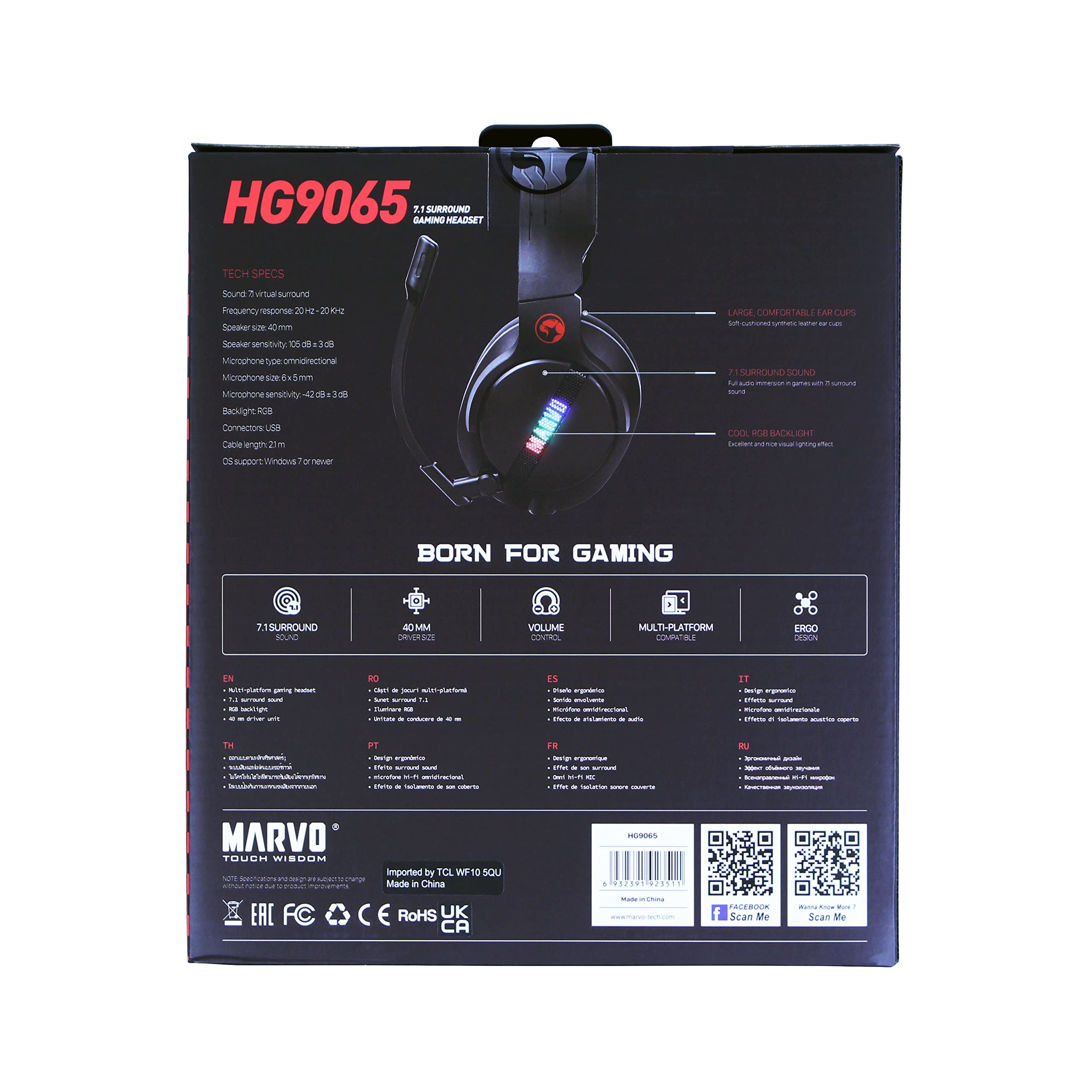 MARVO Scorpion HG9065 - Auriculares para juegos, sonido envolvente virtual 7.1, auriculares RGB para juegos, compatibles con PC Xbox One, PS3 y PS4, controladores de audio profesionales de 40 mm,