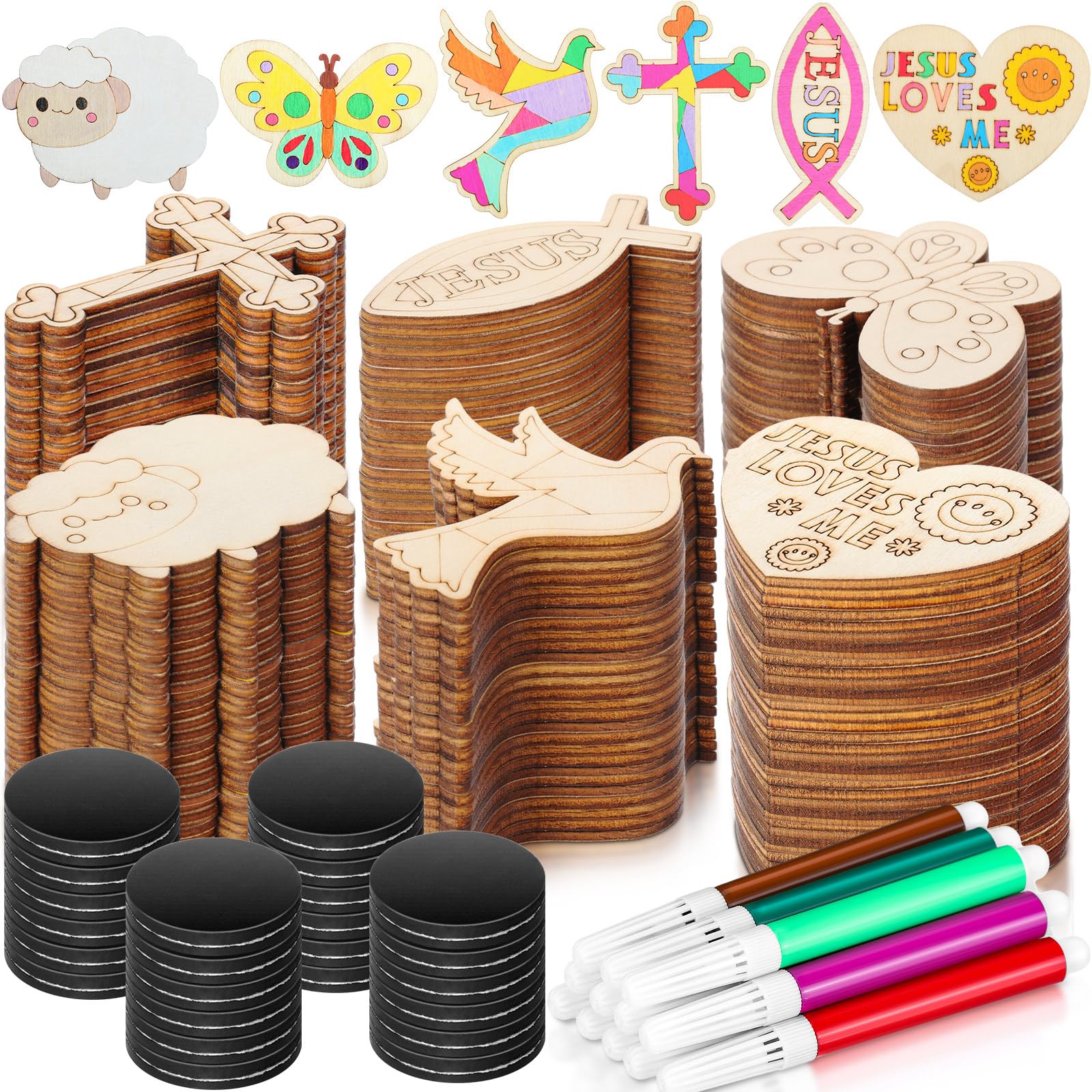 Blueweenly 96 Pieces Jesus Wooden Religious Craft Set Magnets Holiday Bible School DIY Dyeing Wooden Religious Craft for Sunday School Art Party Decoration Birthday Gift