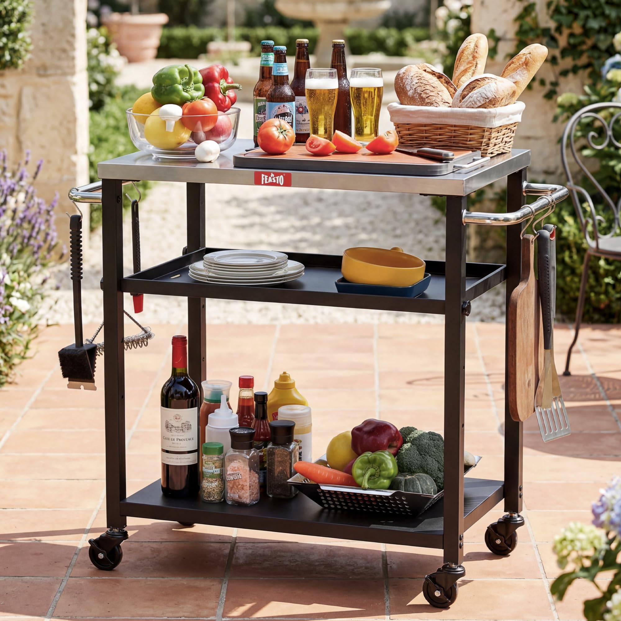 Grillwagen Outdoor Grilltisch Outdoor wetterfest Pizzatisch Servierwagen | 87,5x41x84cm mobile outdoor-Küche mit Edelstahlplatte, höhenverstellbarer Mittelregal, für Terrasse, Küche