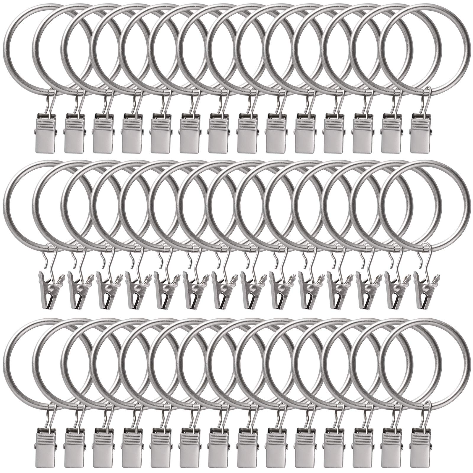 44 Pack Curtain Rings with Clips Hooks 1.26 inch Rustproof Matte Metal Stainless Steel Drapery Rings for Tension Rod Bracket Eyelets Decorative