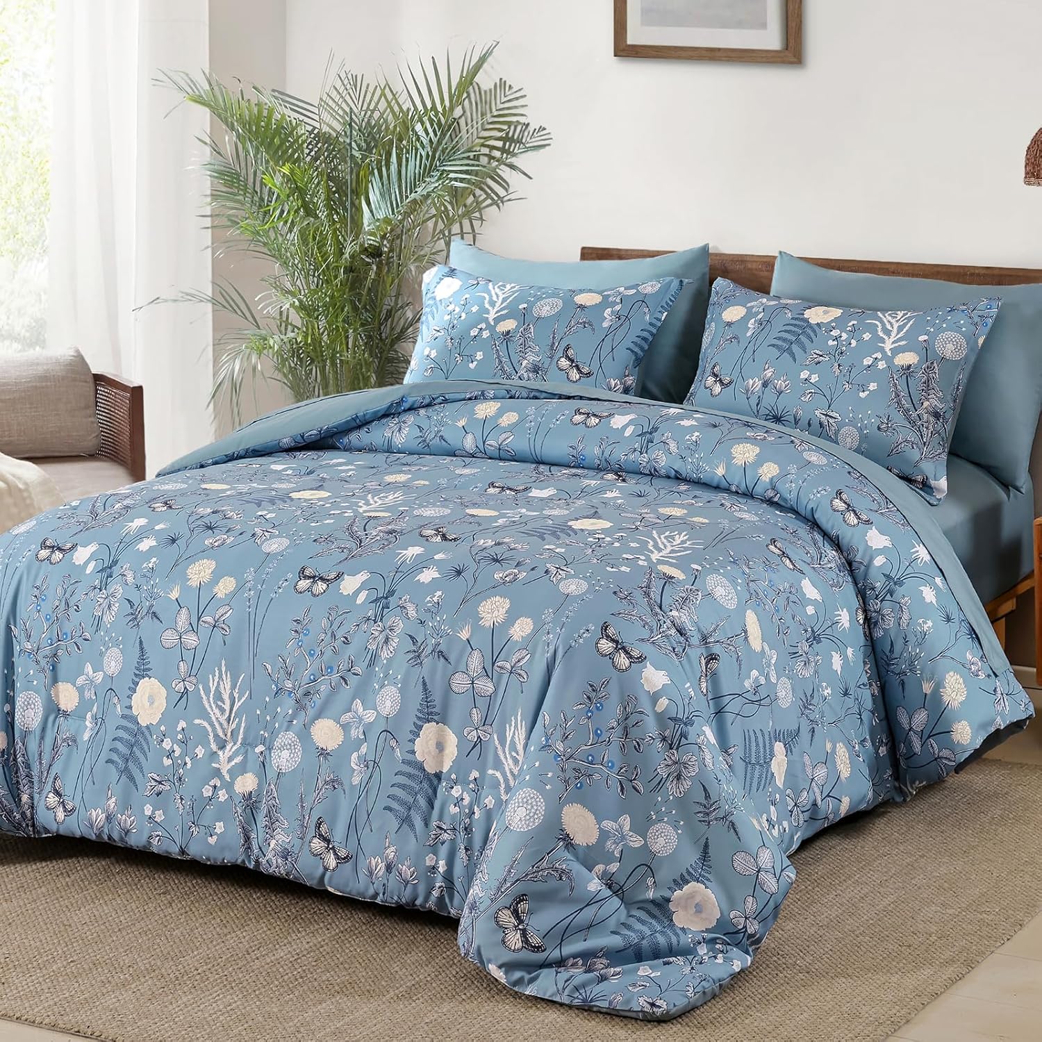 Yiran Blue Comforter Set Queen Size, 7 Piece Floral Comforter Bedding Set, Botanical Farmhouse Bed in a Bag, Soft Microfiber Complete Bedding Set with Sheets for All Season - Image 2