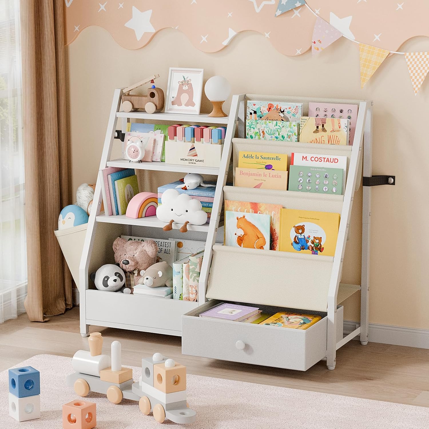 Kids Bookshelf and Toy Storage Organizer, Kids Bookcase Montessori 3 Tier Baby Toddler Sling Book Shelf with Drawer Pockets for Kids Room, Nursery, Playroom, Bedroom, White