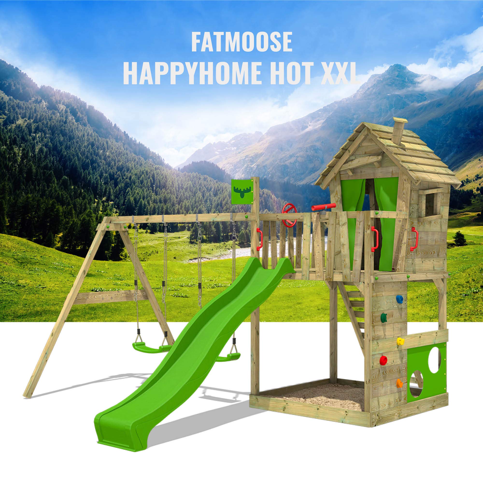 Buy FATMOOSE Wooden Climbing Frame HappyHome with Swing Set and Apple