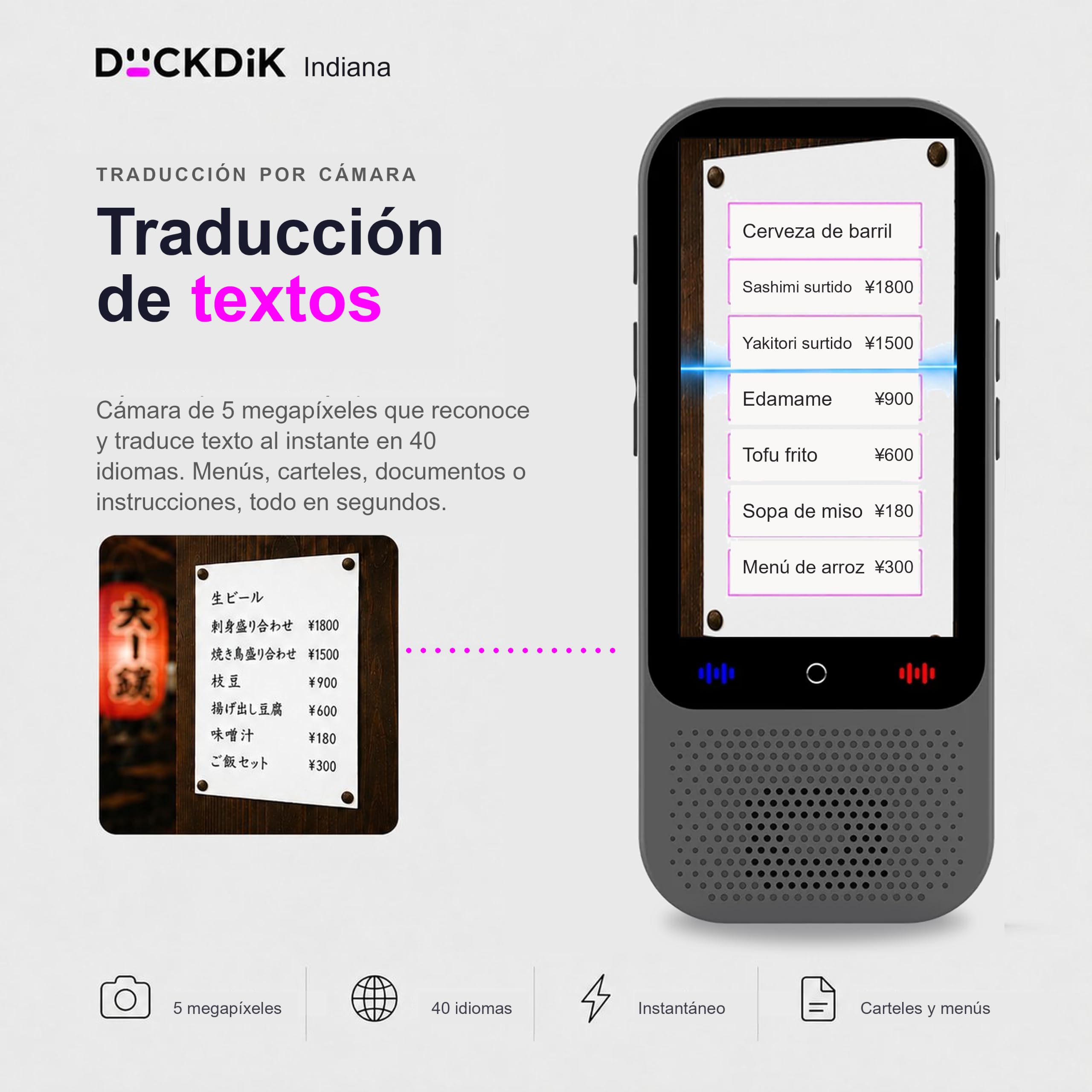 Indiana, Traductor de Idiomas Instantáneo de Voz 2025 + App Traducción Offline Incluida de por Vida (Valor 120€/año) — 142 Idiomas Online, 18 Offline + 59 en App, Pantalla Táctil HD, IA