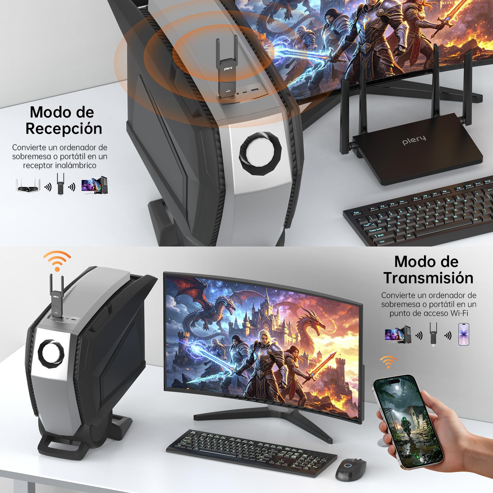 AXE5400 Adaptador WiFi USB para PC, Antena WiFi PC | USB3.0 | Tri-Banda 6/5/2,4GHz | WPA3 | 2 Antenas de Alta Ganancia | MU-MIMO | OFDMA | Compatible con Windows 11/10