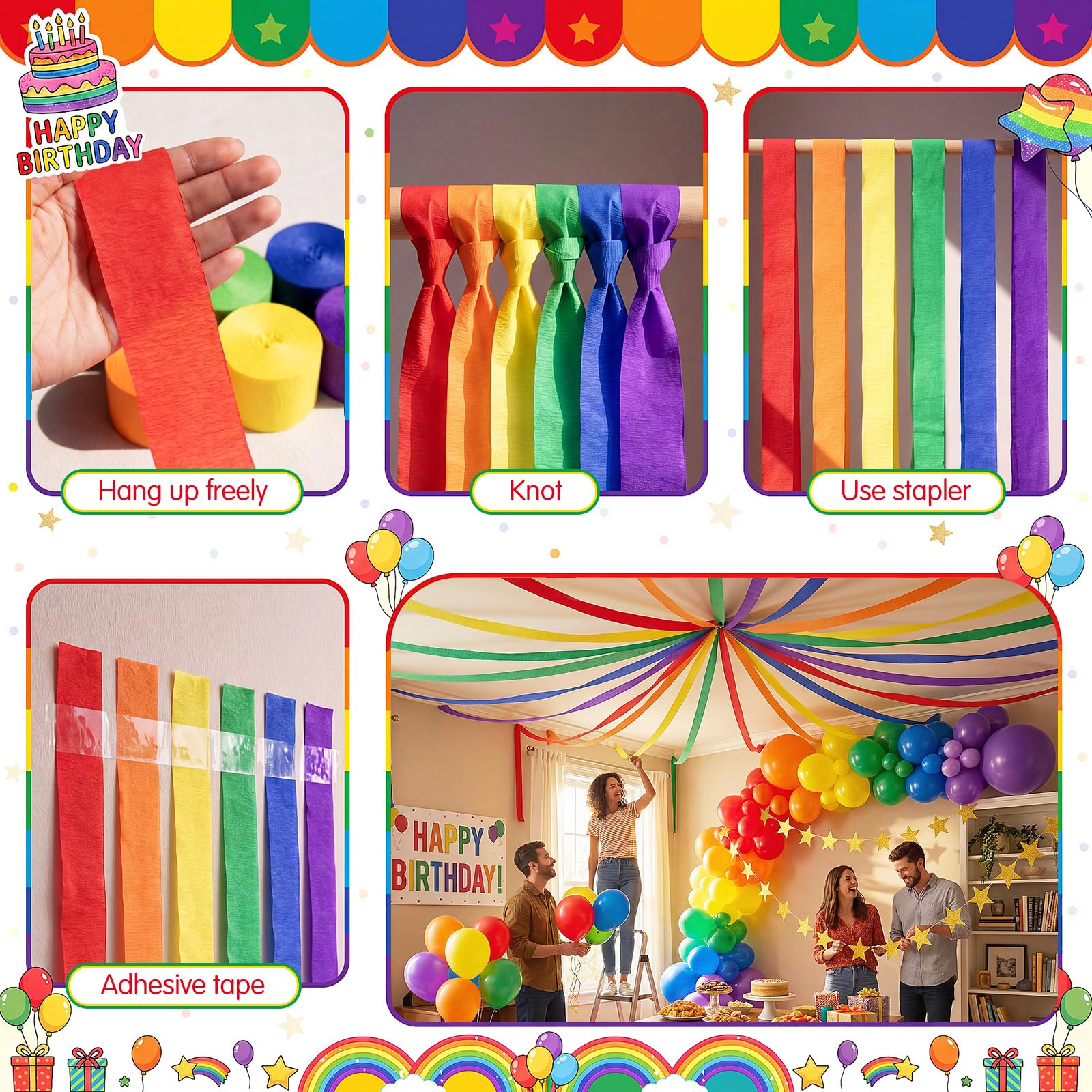 Kit di 145 palloncini arcobaleno per decorazioni fai da te, con palloncini in carta crespa e ghirlanda di stelle per compleanno, ritorno a scuola, carnevale, feste estive (arcobaleno)