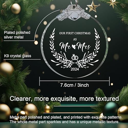 Miniatura 3 de Regalos de boda para parejas, vidrio de cristal único 2024 de 3 pulgadas con caja de regalo, adorno de primera Navidad para casados, adorno de Mr