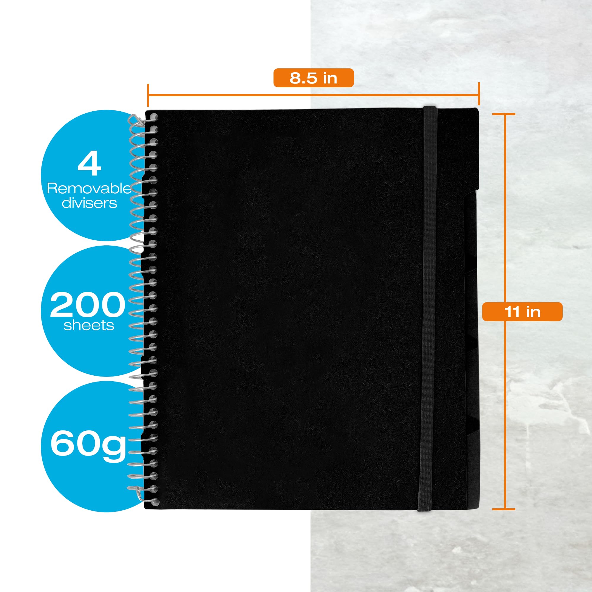 Confetti Cuaderno de espiral perforado, cuaderno escolar y de oficina, encuadernado en espiral resistente con 4 separadores y bolsillo de almacenamiento, 200 hojas, color negro