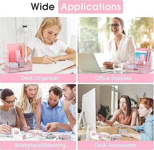 Miniatura 5 de Organizadores y accesorios de escritorio rosados, suministros de oficina rosa con organizador de escritorio de malla, dispensador de cinta acrílica