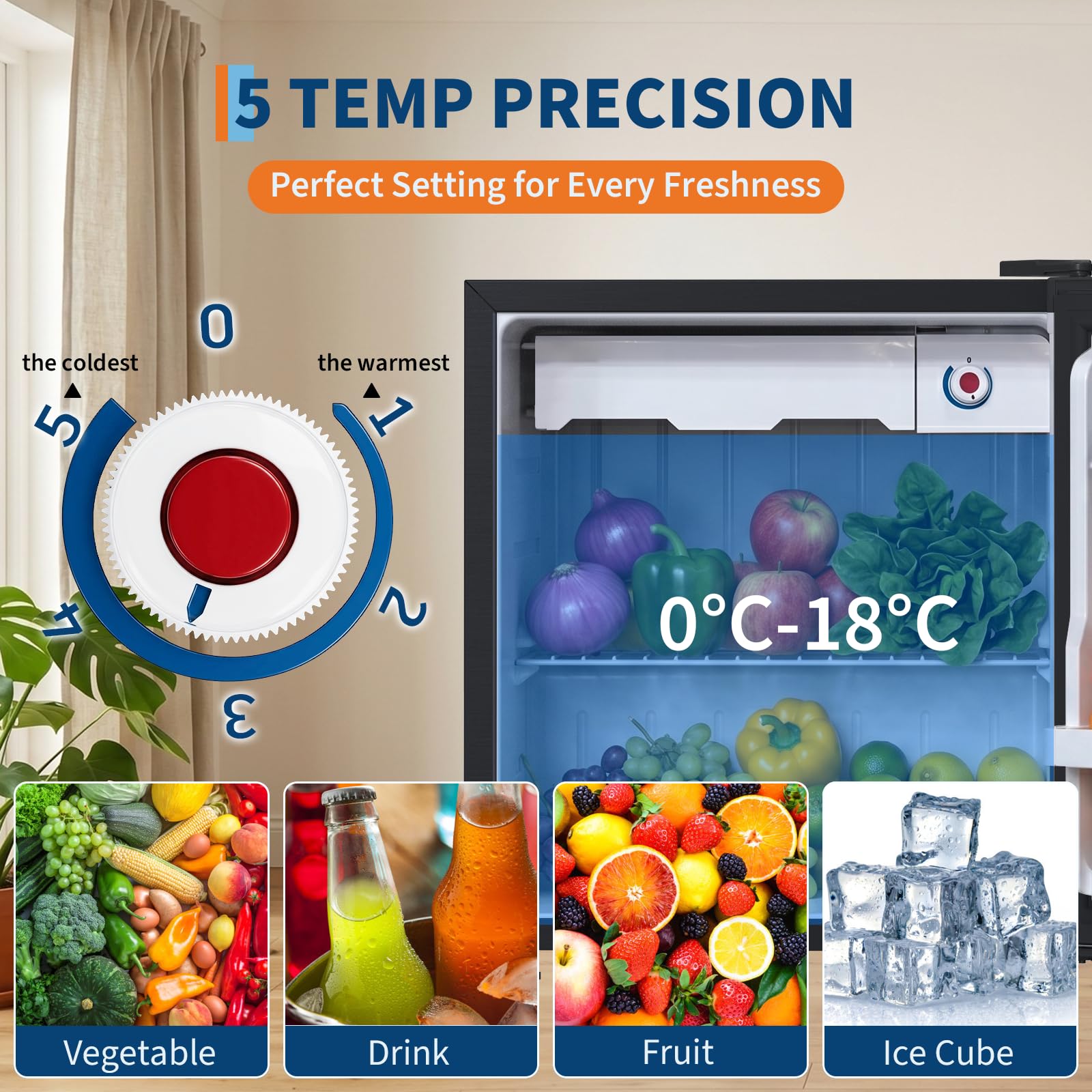 GarveeLife - Refrigerador compacto de 45 L, puerta inox, refrigeración rápida, 5 niveles de temperatura (0-18 ℃), funcionamiento silencioso 41 dB, cajón para verduras, patas ajustables, ideal para