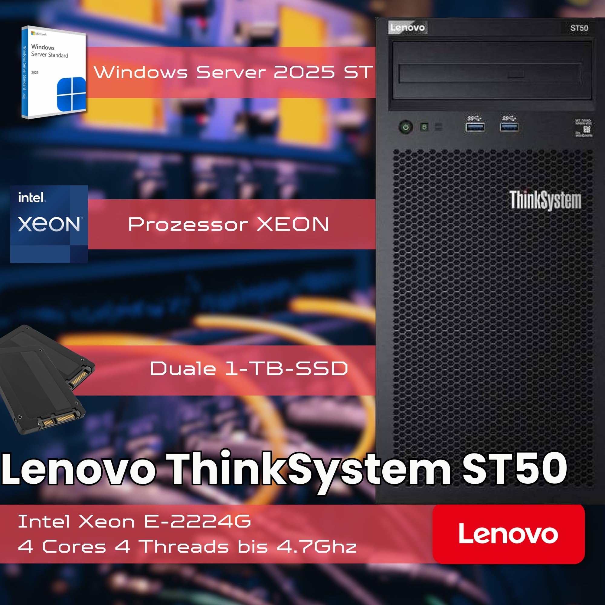 Lenovo ThinkSystem ST50 Server Intel Xeon E-2224G 16 GB ECC RAM 2×1 TB SSD Win Server 2025 Standard Generalüberholt