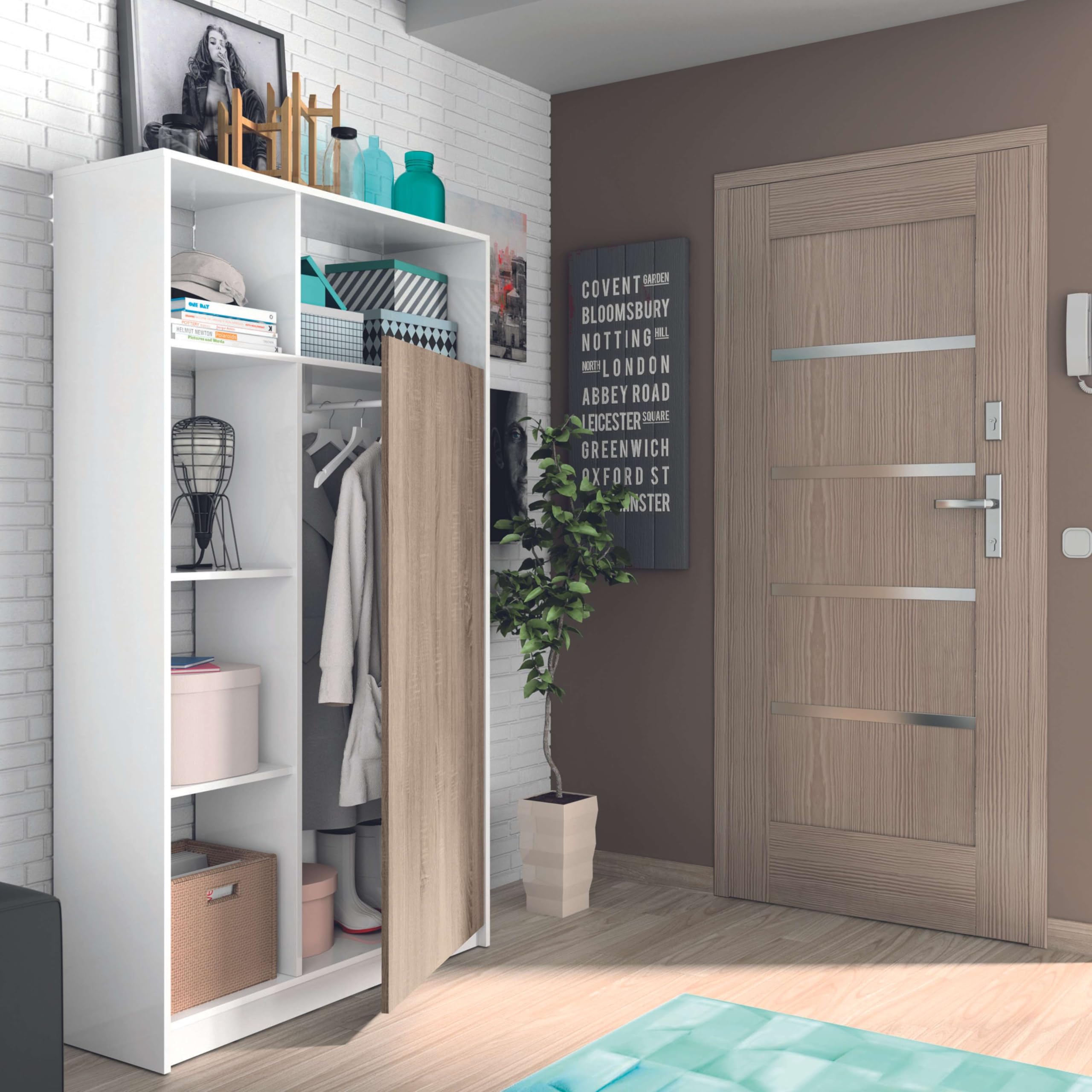 Mueble para Entrada Recibidor Neo Estilo Moderno Alto en Color Blanco Mate y Roble 100 cm