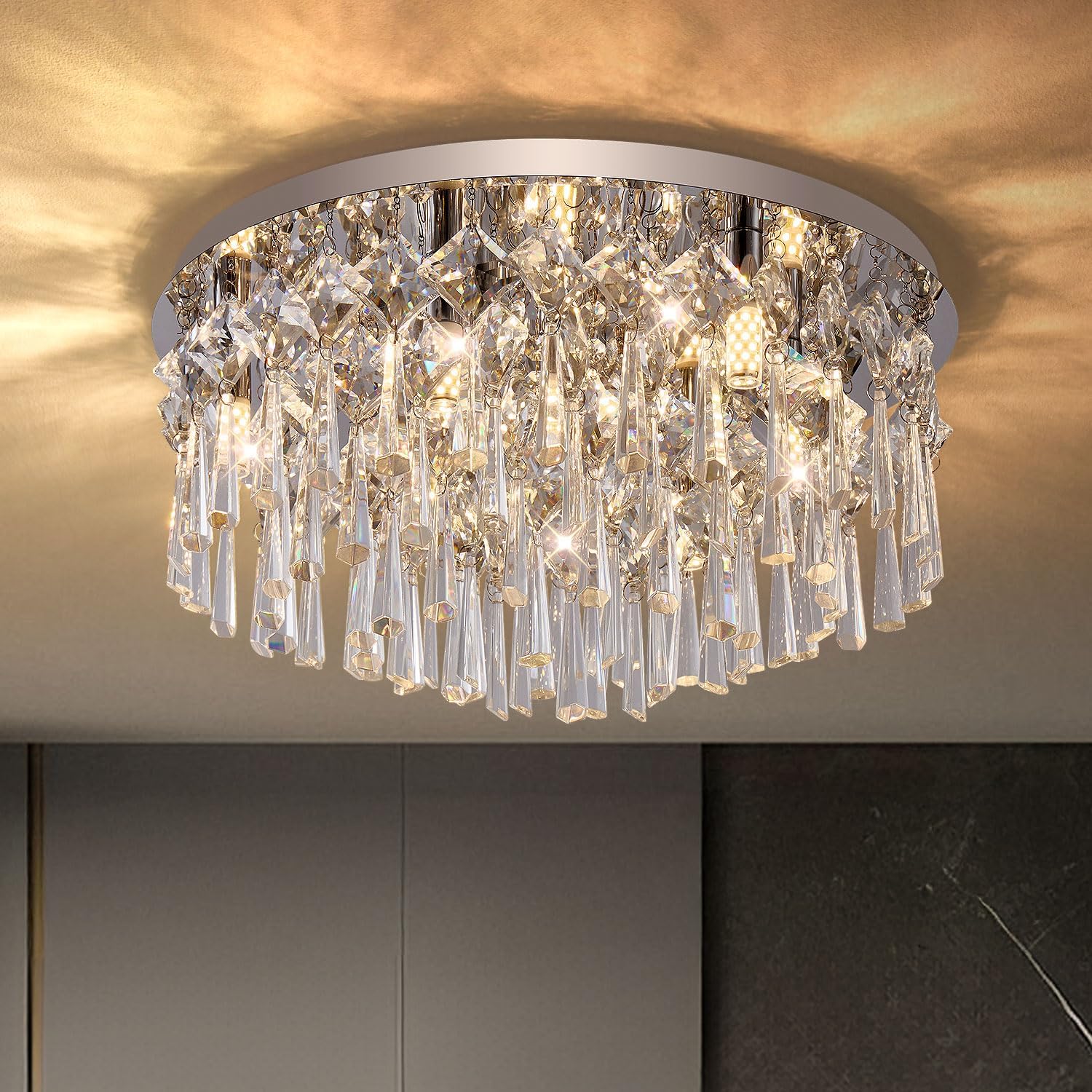7-Lights Modern Crystal Ceiling Light Fixture 18" Flush Mount Chandelier Light Fixture for Hallway Kitchen Light Living Room Bedroom Bathroom Entryway,Chrome Crystal Clear-1